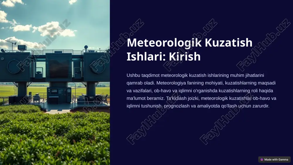 ta. qishloq xo'jaligida ekinlarni sug'orish va himoya qilish uchun ishlatiladi. transportda aviatsiya va dengiz transporti xavfsizligini ta'minlaydi. qurilishda inshootlarning barqarorligini ta'minlashga yordam beradi. favqulodda vaziyatlarda tabiiy ofatlarni oldindan bilish imkonini beradi. qishloq xo'jaligi ekinlarni sug'orish va himoya qilish. transport aviatsiya va dengiz transporti xavfsizligi. qurilish inshootlarning barqarorligini ta'minlash. favqulodda vaziyatlar tabiiy ofatlarni oldindan bilish. 10 zamonaviy tendentsiyalar va innovatsiyalar meteorologiyada zamonaviy tendentsiyalar va innovatsiyalar rivojlanmoqda. sun'iy yo'ldosh meteorologiyasi keng qo'llaniladi. raqamli kuzatish tizimlari joriy etilmoqda. katta ma'lumotlar (big data) tahlili ishlatilmoqda. ushbu yangiliklar kuzatishlarning samaradorligini oshiradi. 1 sun'iy yo'ldosh meteorologiyasi 2 raqamli kuzatish tizimlari 3 katta ma'lumotlar tahlili 11 xulosa meteorologik kuzatishlar dolzarb va istiqbolli soha hisoblanadi. kelajak avlod meteorologlariga tavsiyalar beriladi. kuzatishlarning ahamiyati va kelajagi haqida xulosa qilinadi. savollar va javoblar sessiyasi o'tkaziladi. meteorologik kuzatishlar bizning atrofimizdagi dunyoni tushunish va unga moslashish uchun muhimdir. bizning taqdimotimiz sizga bu sohada ko'proq ma'lumot berdi degan umiddamiz. 12 image1.png image2.png image3.png image4.png …