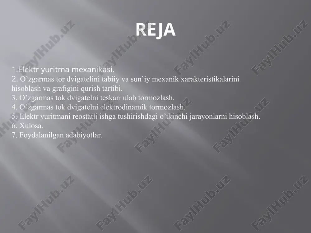 kinchi jarayonning vaqtining doyimiysi. t,sek 0,08 0,165 0,325 0,65 m,nm 751 828,2 946,4 1108,8 𝒘,rad/sek 28 30 35 41 xulosa men bu kurs loyihasini bajarish jarayonida sodda elektr yuritmalarni (elektrodvigatel – uzatish qurilmasi – ishchi mexanizm) loyihalash masalalarini mustaqil xal etishni, ishchi mexanizm uchun elektrodvigatelni to’g’ri tanlashni, uzatish qurilmasini olishni, dvigatelni qizishi va yuklanish qobiliyati bo’yicha tekshirishni, ochiq elektr yuritma tizimlarini loyihalashni o’rganadim.kurs loyihasida men elektrodvigatelni ishga tushirish, reverslash va tormozlashni avtomatik boshqarish masalalarini ishlab chiqdim, avtomatik boshqarish sxemalarni tuzishni o’rgandim, elektr yuritmalarni boshqarish sxema elementlarini grafik tasvirlanishini va printsipial sxemalarni o’qishni o’rgandim. kurs loyihasini bajarishda men elektr yuritmani tezligini rostlash masalalarini yechdim, boshqarish sxemalarni grafik bajarish, dvigatelni mexanik xarakteristikalarini hisoblash va qurish ko’nikmalarini oldim. elektr yuritmani reostatli ishga tushirishdagi o’tkinchi jarayon grafiklari. foydalanilgan adabiyotlar: 1,klyuchev v. i «teoriya elektroprivoda» m. energoatomizdat. 2000. 440s. 2. moskalenko v. v «elektricheskiy privod» uchebnoe posobie, akademiya 2004g. 238s. 3. moskalenko v. v «sistemi …