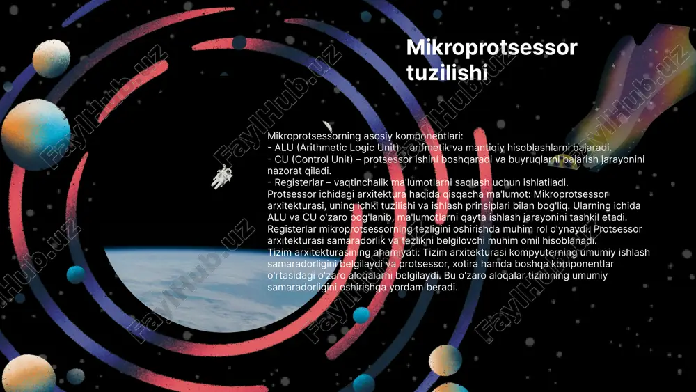 'lib, yuqori tezlikda ishlashga qodir. - cisc (complex instruction set computing): o'z ichiga ko'plab murakkab buyruqlarni oladi va dasturiy ta'minot bilan samarali ishlashga imkon beradi. - dsp (digital signal processing): ovoz va video signalni qayta ishlashda qo'llaniladi. afzalliklari va kamchiliklari risc mikroprotsessorlarning afzalliklari tez ishlash va energiya samaradorligidir, lekin murakkab vazifalar uchun kamchiligi mavjud. cisc mikroprotsessorlari ko'p funktsional imkoniyatlarga ega, ammo ularning tezligi risc bilan taqqoslaganda pastroq bo'lishi mumkin. dsp mikroprotsessorlari yuqori samaradorlikka ega, lekin maxsus maqsadlar uchun mo'ljallanganligi sababli, umumiy maqsadli kompyuterlarda foydalanish cheklangan. bular bilan birga, risc va cisc mikroprotsessorlarining samaradorligini ko'rsatadigan diagramma yoki statistik ma'lumotlar qo'shilishi tavsiya etiladi. vs risc mikroprotsessorlari risc (reduced instruction set computer) mikroprotsessorlari oddiy va tez instruktsiyalarni bajarishga mo'ljallangan. ular ko'p hollarda yuqori samaradorlikni taqdim etadi, chunki har bir instruktsiya minimal tsikl ichida bajariladi. misol uchun, risc arxitekturasi mobil va embedded tizimlarda keng qo'llaniladi. cisc mikroprotsessorlari cisc (complex instruction set computer) mikroprotsessorlari bir …