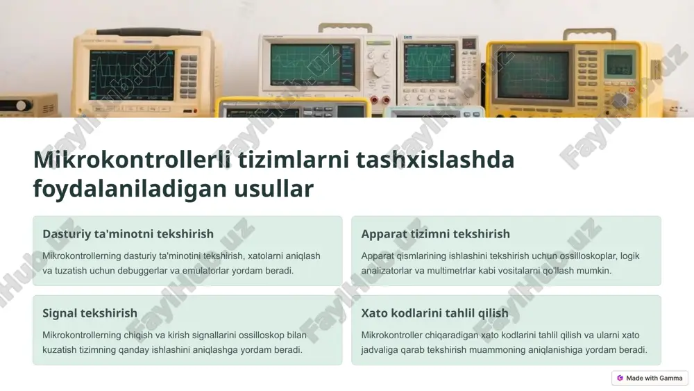 arni topish va bartaraf etish. 8 tizim nosozliklari va ularga tashxis qo'yish 1 dasturiy ta'minot xatolari mikrokontroller dasturiy ta'minotida xatolar, noto'g'ri sozlamalar yoki noto'g'ri kod. 2 qattiq dasturiy ta'minot xatolari mikrokontrollerning o'zi yoki boshqa elektron komponentlarda shikastlanish. 3 sensor va aktüatorlar nosozligi sensorlardan noto'g'ri ma'lumotlar yoki aktüatorlarning to'g'ri ishlamasligi. 9 sensor signallarini o'rganish va tahlil qilish 1 signal o'lchash sensorlardan keladigan signallarni o'lchash va yozib olish. 2 signal tahlili signallarni o'rganish va ularning normal holatdan farqlanishini aniqlash. 3 nosozlikni aniqlash tahlil natijalariga asoslanib, nosozlikning sababini topish. 11 mikrokontrollerli tizimni tuzatish: usullar va yondashuvlar 1 dasturiy ta'minot tuzatish mikrokontroller dasturiy ta'minotini yangilash yoki xatolarni tuzatish. 2 qattiq dasturiy ta'minot tuzatish shikastlangan komponentlarni almashtirish yoki ta'mirlash. 3 sensor va aktüatorlarni tuzatish sensorlar yoki aktüatorlarni almashtirish yoki qayta sozlash. 12 xavfsizlik va himoya choralari 1 elektr toki elektr toki xavfi bilan ishlashda ehtiyot bo'ling. 2 statik elektr mikrokontrollerga statik elektr tokining ta'sirini oldini …