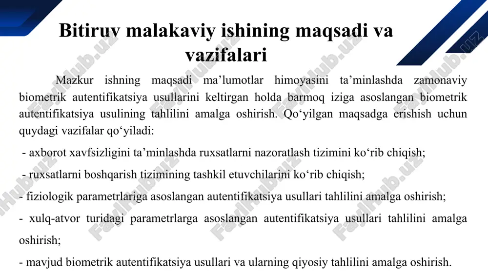 avjud: - optik nurlar orqali barmoq izini olish (ftir ya’ni optik qurilmalar); - yarim o‘tkazgichlar orqali(termoskanerlar); - ultratovushlar. 11 barmoq izi bo‘yicha identifikatsiyalash barmoq izi shakli: halqa (loops), aylana (whorls), va arkali (arches) lar asosida; bu xususiyatlardan nuqtalar aniqlanadi. 12 barmoq izi bo‘yicha identifikatsiyalash 13 barmoq izini skanerlash apparat qurilmasi 14 barmoq izi mustaqil kirish nazorati x.660 (fsac) qurilmasi asosida tashkil etiladi. qurilma xarakteristikalari: material: abs yuqori sifatli material; barmoq izi sig'imi: 1000; rfid karta sig'imi: 1000; ishlash chastotasi: 125 khz; ruxsat: 450 dpi; identifikatsiya vaqti: <1s; far: <0,0001%; frr: <0,01%; 15 barmoq izi mustaqil kirish nazorati x.660 (fsac) qurilmasi asosida tashkil etiladi. kartani o'qish masofasi: 0-10cm; o‘rnatilgan kartani o'quvchi: em yoki em mos keladi; identifikatsiya usuli: barmoq izi, rfid karta; eshik qo'ng'irog'i tugmasi: simli eshik qo'ng'irog'ini qo'llab-quvvatlash; wiegand signali: wg26 kirish/chiqish; boshqaruv kartasini o'rnatishi mumkin: ha; ishlash kuchlanishi: dc 12v; ish oqimi: ≤ 100ma; ishlash harorati: -0 ° c …