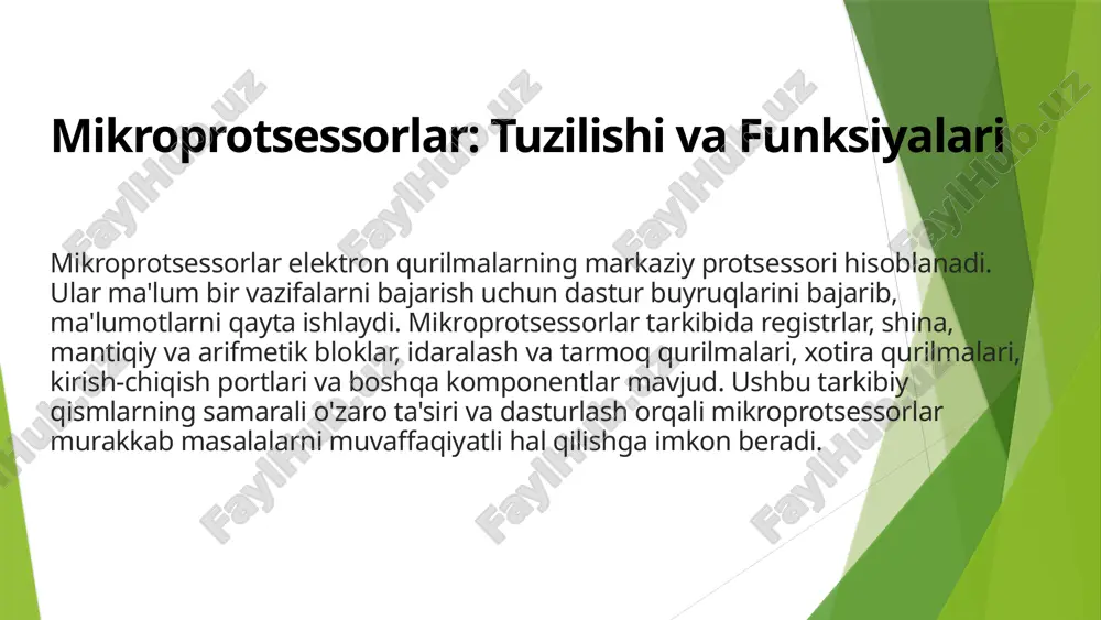 gi ma'lumotlar uzatishni parallel yoki ketma-ket shinalari orqali amalga oshiradi. har bir shina ma'lum bir vaqt oralig'ida ma'lumotlarni uzatadi. 2 xotira turlari mikroprotsessorli tizimlar ram, rom, eprom, eeprom, flash xotiralar kabi turli xil xotira qurilmalarini qo'llaydi. ular o'zgaruvchan va o'zgarmas ma'lumotlarni saqlash uchun ishlatiladi. 3 ma'lumotlarni saqlash mikroprotsessorli tizimlar ma'lumotlarni o'ng'aylik uchun ularni xotira qurilmalari, tashqi qattiq disklar yoki bulutli xizmatlar orqali saqlaydi. kerakli vaqtda esa ushbu ma'lumotlar qayta chaqirib olinadi. 7 mikroprotsessorli tizimlarni sinash va ishga tushirish boshlang'ich sozlash qurilmani ilk marta yoqishdan oldin barcha elektrik ulanishlarni va qurilma parametrlarini tekshirish zarur. dastur yuklanishi qurilmaga yozilgan dastur yordamida protsessor va qurilmalarni ishlashini sinab ko'rish kerak. funktsionallikni sinash barcha modullarning kutilgan funksiyalarni to'g'ri bajarganligi, xavfsizlik va xatoliklarni tekshirish. sozlash va baholash aniqlangan xatolar va kamchiliklarni bartaraf etish, tizimning o'lchov ko'rsatkichlarini baholash. 8 mikroprotsessorli tizimlarning kelajagi 5g tezlik 10x unumdorlik 100t xotira hajmi 1m kiberxavfsizlik mikroprotsessorli tizimlar sanoatda, transportda, tibbiyotda, uyda …