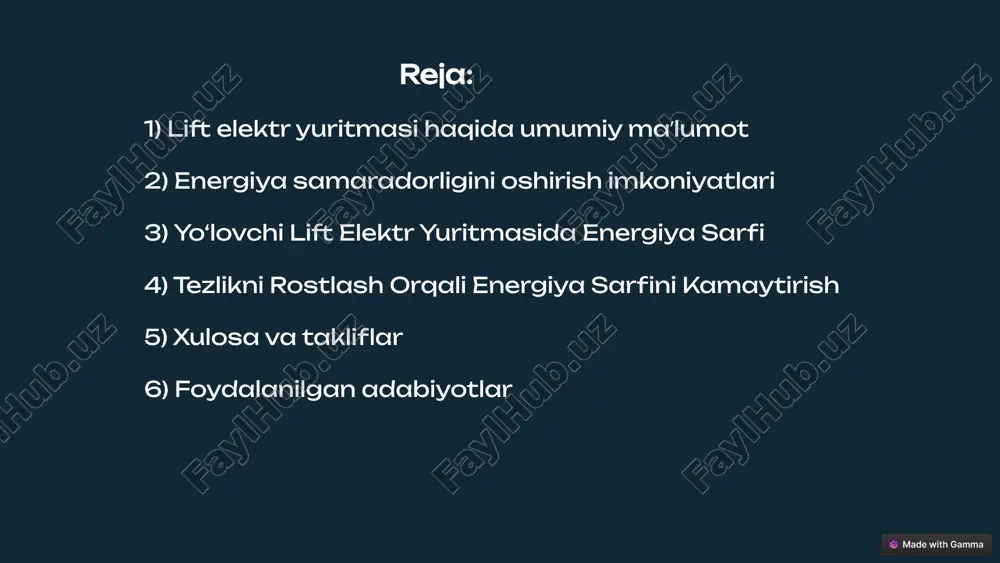ytiradi. 3 regenerativ tormozlash tezlikni rostlash tizimi lift harakatidan hosil bo‘lgan energiyani qayta ishlashga imkon beradi, bu esa umumiy energiya sarfini kamaytiradi. 9 tezligi rostlanadigan elektr yuritma tarkibiy qismlari elektr motor tezligi rostlanadigan elektr motor liftning harakatini boshqaradi va uning tezligini rostlaydi. boshqaruv tizimi boshqaruv tizimi liftning tezligini, yo‘nalishini va to‘xtash nuqtalarini aniqlaydi. sensorlar sensorlar liftning holatini, tezligini va pozitsiyasini o‘lchab, ma'lumotlarni boshqaruv tizimiga uzatadi. 10 tezlikni rostlash usullari va tavsiya etiladigan diapazon chastotani rostlash elektr motorning chastotasini o‘zgartirish orqali liftning tezligini rostlash mumkin. tezlikni rostlash usullari tezlikni rostlashning boshqa usullari qatoriga tormoz energiyasini qayta ishlash va ko‘p darajali tezlik rostlash kiradi. tavsiya etiladigan diapazon tavsiya etiladigan tezlik diapazoni liftning turi, harakat masofasi va ishlash sharoitlariga bog‘liq. 11 afzalliklari • energiyani tejash: tezlikni rostlash va regenerativ tormozlash texnologiyalari orqali umumiy energiya sarfi 20-50% gacha kamayadi. • liftning uzoq muddatli ishlashi: mexanik qismlarga tushadigan yukni kamaytirish natijasida liftning xizmat muddati oshadi. …