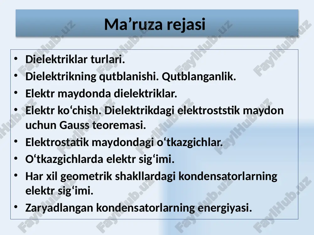 orasiga dielektrik joylashgan. elektr induksiya vektori d qiymati, erkin zaryadlar bilan aniqlanganligi uchun, o‘zgarmaydi. vakuum vakuum ε dielektrik singdiruvchanlik – vakuumga nisbatan dielektrikda elektr maydon kuchlanganligi necha marta kamayganligini ko‘rsatuvchi kattalikdir. 17 elektr ko‘chish (elektr induksiya vektori) dielektriklar chegarasidan o‘tuvchi kuchlanganlik chiziqlari vektori sakrashga o‘xshash o‘zgaradi. shu sababli, dielektriklarning qutblanish xususiyatlarini inobatga olgan holda, zaryadlar tizimining (uzluksiz) elektr maydonini, ifodalash uchun elektr ko‘chishning vektori tushunchasi kiritiladi : izotrop muhitda bu vektor vakuumda, dielektrik mavjudligidagi fazoda taqsimlangan erkin zaryadlar xosil qilgan elektrostatik maydonni ifodalaydi. 18 dielektrikdagi elektrostatik maydon uchun gauss teoremasi ixtiyoriy yopiq sirtdan o‘tuvchi dielektrikdagi elektrostatik maydon ko‘chishi vektorining oqimi sirt ichidagi erkin zaryadlarning algebraik yig‘indisiga tengdir. fazoda zaryadning uzluksiz taqsimoti holati uchun gauss teoremasi - hajmiy zichlik 19 ikkita dielektrik muhitlari chegarasidagi chegaraviy shartlar e vektor sirkulyasiyasi to‘g‘risidagi teoremaga asosan, ikkita dielektrik chegarasida erkin zaryadlarning yo‘qligida kontur bo‘yicha vektor sirkulyasiyasi quyidagiga teng: 20 elektrostatik maydonda o‘tkazgichlar o‘tkazgichlarda erkin zaryadlar …