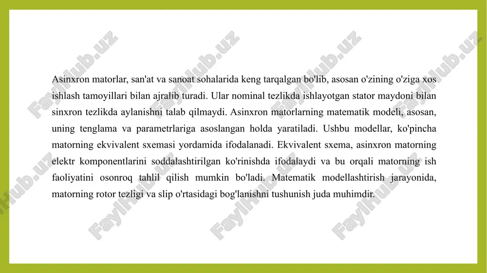 gartkich bo’lishi kerak. natijada bunday qurilma murakkablashadi va dvigatelning foydali ish koeffitsientini kamaytiradi. ammo bunday usul elektr tarmog’iga ulangan bir nechta asinxron dvigatellarning tezliklarini rostlashda qo’llaniladi. bu usul bilan aylanishlar soni kata bolgan asinxron dvigatellarning tezligi boshqariladi. asinxron matorlar, elektr energiyasini mexanik energiyaga aylantirishda keng qo‘llaniladigan qurilmalardir. ular, ayniqsa, sanoat sohalarida tez-tez uchraydi va o‘ziga xos xususiyatlari tufayli matematik modellashtirishni talab etadi. asinxron matorning asosiy xususiyati shundaki, uning rotor tezligi stator maydonining sinkron tezligi bilan mos kelmaydi. asinxron matorning matematik modeli, asosan, elektr va mexanik komponentlar o‘rtasidagi o‘zaro bog‘liqlikni aks ettiradi. bu model, elektr kuchlanishi, oqim, kuchlanishlar, moment va rotor tezligi kabi parametrlarni o‘z ichiga oladi. asinxron matorlarning matematik modellarini yaratishda, eng avvalo, ekvivalent sxema asosida yondashiladi. ekvivalent sxema, matorning ish faoliyatini osonlashtirish uchun uning elektr komponentlarini oddiy shaklda ifodalaydi. bu sxemada, stator va rotor o‘rtasida o‘zaro bog‘lanish ko‘rsatiladi, shuningdek, matorning kuchlanish, oqim va moment kabi asosiy xususiyatlari ham aks …