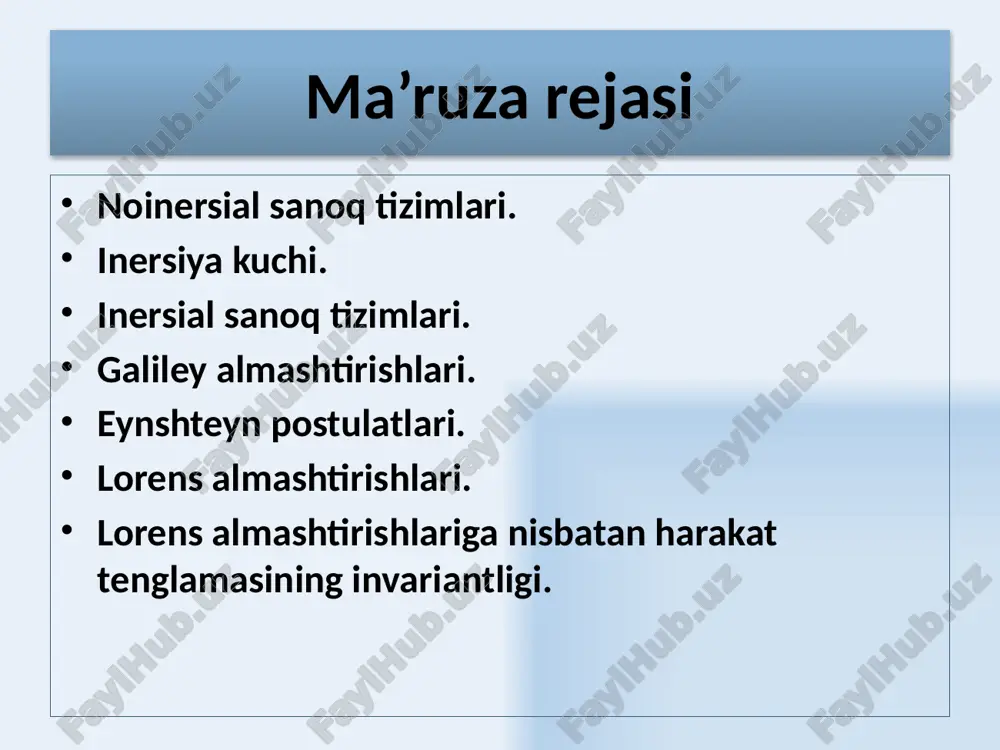 atlanayotgan sterjenning uzunligi tinch holatda turgan sterjenning uzunligidan doimo kichik bo‘ladi. 16 tezliklarni o‘zgartirish tezliklarni qo‘shishning relyativistik qonuniga ko‘ra, yorug‘lik tezligidan kichik yoki unga teng bo‘lgan ikkita tezlikning yig‘ndisi yorug‘lik tezligidan katta bo‘lmaydi. 17 k tizimda moddiy nuqta tezlik bilan, k' tizimning o‘zi esa k tizimga nisbatan u tezlik bilan harakatlanayotgan bo‘lsin. k tizimda zarrachaning tezligi tashkil etuvchilari quyidagi ifodalar bilan aniqlanadi: k' tizimda o‘sha zarrachaning tezlik tashkil etuvchilari quyidagilarga teng: lorens almashtirishlaridan foydalanib: 18 chunki shunga o‘xshash 19 relyativistik impuls klassik mexanikada, bo‘lganda relyativistik mexanikada, bo‘lganda harakat tenglamasi klassik mexanikadagiga o‘xshash kuchning invariant bo‘lmagan kattalik ekanligi ko‘rinib turibdi relyativistik dinamika 20 energiyaning relyativistik ifodasi kuch 21 energiyaning relyativistik ifodasi relyativistik mexanikada ish zarracha massasining oshishi bilan aniqlanadi - tinchlikdagi energiya to‘la energiya ma’lumki, 22 relyativistik invariantlik xulosa: energiya va impuls ralyativistik mexanikada doimo saqlanib qolmaydi 23 foydalanilgan adabiyotlar 1. q.p.abduraxmanov, v.s.xamidov, n.a.axmedova. fizika. darslik. toshkent. 2018 y. 2. k.p.abduraxmanov, …