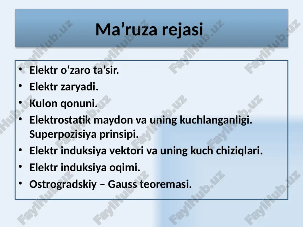 taviy zaryadning maydon kuchlanganligi chiziqlari radial chiziqlardan iboratdir. musbat zaryad uchun kuch chiziqlari yo‘nalishli zaryaddan chiqqan bo‘ladi. manfiy zaryad uchun esa, kuch chiziqlari yo‘nalishi zaryadga yo‘nalgan bo‘ladi. musbat va manfiy zaryadlar musbat zaryadlar 13 14 maydonning barcha nuqtalarida kuchlanganlik bir xil bo‘lsa ekektr maydon birjinsli deb ataladi. 15 elektr maydonlarining superpozisiya prinsipi. zaryadlar tizimining maydonning berilgan nuqtasidagi kuchlanganligi har bir zaryadning alohida kuchlanganliklarining vektor yig‘indisiga tengdir. +q +q  -q 16 elektr maydon kuchlanganligi vektorining oqimi. ds yuzani tik yo‘nalishda kesib o‘tuvchi dfe kuch chiziqlari soni elektr maydoni kuchlanganligi vektorining oqimini belgilaydi: en= e cos α - e vektorning ds yuza normali yo‘nalishiga proeksiyasidir s sirtning har xil qismlarida oqimning ishorasi va kattaligi o‘zgaradi: 1) α 0, 2) α > π/2 bo‘lganda dfe /2 ap ' e þ = 0 e q eds þ = 0 2 e p q rl e 0 2 e t p l rl e …