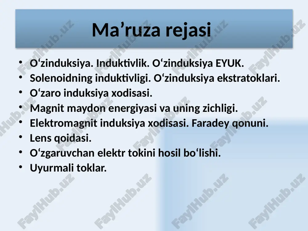 rtirish koeffisienti deb ataladi. k > 1 da – kuchaytiruvchi transformator. k < 1 da – pasaytiruvchi transformator. ideal transformator uchun 16 17 magnit maydon energiyasi magnit maydon energiyasi shu maydonni xosil qiluvchi tokning bajargan ishiga tengdir. tok oqayotgan kontur bilan bog‘langan magnit oqimi tok kuchi o‘zgargandagi magnit oqimining o‘zgarishi magnit oqimi o‘zgargandagi bajarilgan ish f magnit oqimini xosil qilishdagi bajarilgan to‘la ish kontur bilan bog‘langan magnit maydon energiyasi 18 magnit maydon energiyasi zichligi birlik hajmdagi magnit maydon energiyasiga teng fizik kattalik magnit energiyasining hajmiy zichligi deb ataladi. bu ifoda magnit energiyasi g‘altakning o‘ramlarida emas, balki magnit maydon xosil bo‘lgan barcha hajmda tarqalganini bildiradi. 19 foydalanilgan adabiyotlar 1. q.p.abduraxmanov, v.s.xamidov, n.a.axmedova. fizika. darslik. toshkent. 2018 y. 2. k.p.abduraxmanov, o'.egamov “fizika”. darslik. toshkent. 2013 y. 3. q.p.abduraxmanov, o’.egamov. “fizika”. darslik. toshkent. 2015 y. 4. douglas c. giancoli. physics. principles with applicathions. 2004 usa isbn-13 978-0-321-62592-2. 5. physics for scientists and engineers, …