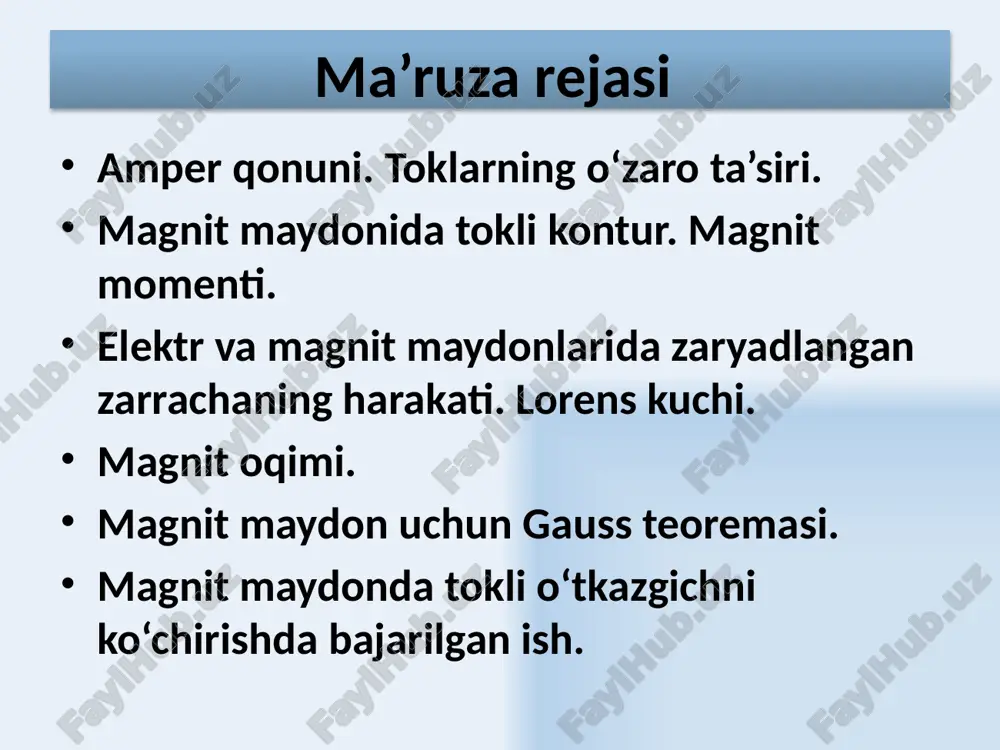kinetik energiyasi o‘zgarmasdan qoladi. 15 elektr va magnit maydonlarida zarrachalarning harakati zaryadga b induksiyali magnit maydonidan tashqari e kuchlanganlikka ega bo‘lgan elektr maydoni ta’sir etganda zaryadning harakati quyidagi lorens tenglamasi bilan ifodalanadi 16 zaryadlangan zarracha magnit maydonida magnit induksiya chiziqlari bo‘ylab harakatlanadi (v va v vektorlari orasidagi burchak  ga teng). lorens kuchi nolga teng. magnit maydoni zarrachaga ta’sir etmaganligi uchun u tekis va to‘g‘ri chiziqli harakatini davom ettiradi. zaryadlangan zarrachaning magnit maydonidagi harakati - 17 lorens kuchi zarracha traektoriyasiga perpendikuldir va moduli bo‘icha o‘zgarmaydi. zarracha markazga intilma tezlanish bilan r radiusli aylana bo‘ylab harakatlanadi. aylana radiusi aylanish davri zaryadlangan zarracha magnit maydonida magnit induksiyasi chiziqlariga perpendikulyar ravishda harakatlanadi (v va v vektorlari orasidagi  burchak /2ga teng). zaryadlangan zarrachaning magnit maydonida harakati + 18 zaryadlangan zarrachaning magnit maydonidagi harakati - - - 19 1)zarracha maydon bo‘ylab to‘g‘ri chiziqli tekis harakatlanadi. 2) maydonga perpendikulyar bo‘lgan tekislikda zarrachaning harakati spiral o‘qiga …