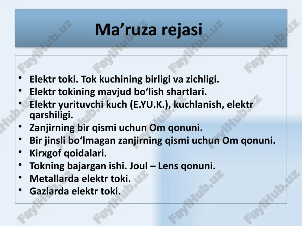 shilik qiluvchi o‘tkazgichning xususiyati elektr qarshilik deb ataladi. 13 solishtirma qarshilik solishtirma elektr o‘tkazuvchanlik elektr o‘tkazuvchanlik solishtirma qarshilikka teskari bo‘lgan fizik kattalik o‘tkazgich moddasining solishtirma elektr o‘tkazuvchanigi deb ataladi: elektr qarshilikka teskari bo‘lgan fizik kattalik o‘tkazgichning elektr o‘tkazuvchanligi deb ataladi. o‘tkazgichning solishtirma qarshiligi ρ deb uzunligi 1 m va yuzasining ko‘ndalang kesimi 1 m2 bo‘lgan o‘tkazgichning qarshiligiga aytiladi. 14 zanjirning bir qismi uchun om qonuni integral ko‘rinishda birjinsli metall o‘tkazgichdan o‘tuvchi tok kuchi o‘tkazgich uchlaridagi kuchlanish tushishiga to‘g‘ri, elektr qarshiligiga teskari proporsionaldir differensial ko‘rinishda o‘tkazgich ichidagi istalgan nuqtada tokning zichligi elektr maydoninig kuchlanganligi bilan quyidagicha bog‘langandir: 15 tok tashuvchilar ustidan tashqi va elektrostatik kuchlar bajargan umumiy ishi zanjirning shu qismida ajralib chiqqan issiqlik miqdoriga teng. bir jinsli bo‘lmagan zanjirning qismi uchun om qonuni tanlangan yo‘nalishda, eyuk ning musbat zaryadlar harakatiga imkon beradigan holati, qarshilik ko‘rsatadigan holati esa ko‘rinishda belgilanadi. _ + 16 om qonunining xususiy hollari zanjirning berilgan qismida tok …