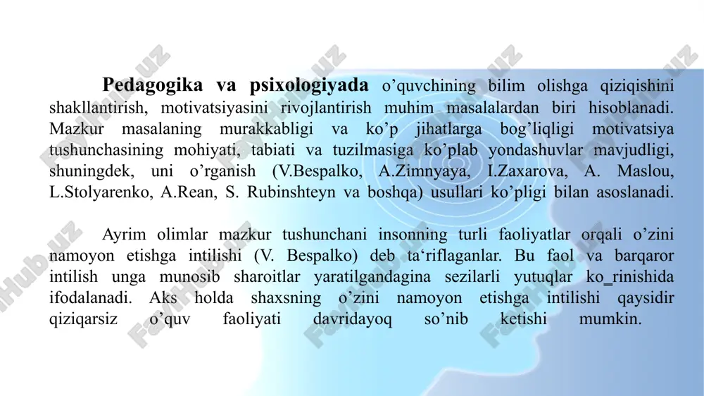 a bu bilimlarni egallash usullaridir. yosh xususiyatini aniqlovchi shartlar majmuiga bolaning jismoniy rivojlanishi xususiyatlari ham kiradi (masalan, go‗daklikda ma‘lum bir morfologik shakl hosil qiluvchi ma‘lumotlarni egallash, o’smirlikda organizmning o’zgarish xususiyatlari va boshqalar). turli yosh davrlari va ularning o’quv faoliyatlari. yosh davrlarini aniqlash atrofdagilarga munosabatlarning rivojlanish darajasi bilan bilim, usullar, qobiliyatlar rivojlanishi darajasi o’rtasidagi aloqani belgilab beradi. mazkur ikki taraf orasidagi munosabatlarning o’zgarishi keyingi yosh bosqichlariga otishning muhim ichki asosi («harakatlantiruvchi kuch»)ni tashkil etadi. bola yashash sharoiti, tarbiya va ta‘lim olish sharoitining o’zgartirilishi rivojlanishning yosh davrlari almashinuvini belgilovchi muhim omildir. songgi vaqtlarda yosh va pedagogik psixologiyada ko‗proq pedagogik mezonlarga asoslangan davrlashtirish qo’llanilmoqa. chaqaloqlik (tug‗ilganidan boshlab bir-ikki oylikkacha). bola ko’pchilik jonivorlarning bolasiga qaraganda ancha ojiz tug‗iladi. u nisbatan cheklangan xulq-atvor, tashqi olamga moslashishning muqarrar reflektor shakllari jamg‗armasiga ega bo‗ladi. tug‗ma xulq-atvor shakllarining kamligi bola kuchsizligini emas, kuchini tashkil etadi – u deyarli cheksiz aqliy rivojlanish, xulqatvorning yangi shakllariga ega bo‗lishning yangi tajribalarini …