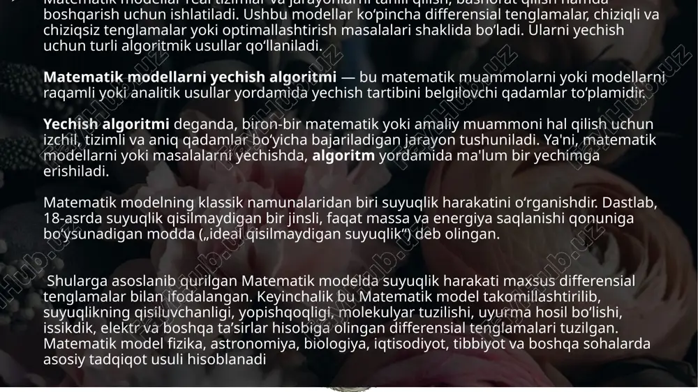 ladigan asosiy algoritmdir. tarmoqli va parallel hisoblash katta hajmdagi matematik modellarni yechishda parallel hisoblash algoritmlaridan foydalaniladi. tarmoqli usul: algoritmni turli hisoblash tugunlariga bo‘lish orqali hisoblash tezligi oshiriladi. gpu hisoblash: grafik protsessorlar yordamida massiv parallel hisoblash ishlari amalga oshiriladi matematik modellarni yechish algoritmlari agar matematik model — bu muammoni formulalar orqali ifodalash bo‘lsa, unda yechish algoritmi — bu shu muammoni qanday yechamiz? degan savolga javob beruvchi aniq qadamlar to‘plami yechish algoritmi deyiladi. masalan oddiy to’la quvvat formulasi bilan ishlab ko‘rsak: bunda dvigatelning to’la quvvatini matematik ifodalar bilan yechish algoritmi keltirilgan. 8 matematik dasturlash va modellashtirish algoritmi amaliyotda ko‘p ishlatiladigan dasturlar: matlab – raqamli yechimlar, ode/pde, optimallashtirish python (numpy, scipy, sympy, pyomo) – ochiq manba hisoblash vositalari r – statistik modellar maple, mathematica – analitik va raqamli hisoblar matematik dasturlash va modellashtirish algoritmi tavsifi matlab (matrix laboratory) orqali asinxron motorning parametrlarini kiritgan holatda tuzilgan blok sxemasi 10 matlab simulnik yordamida chiqish signallarini …