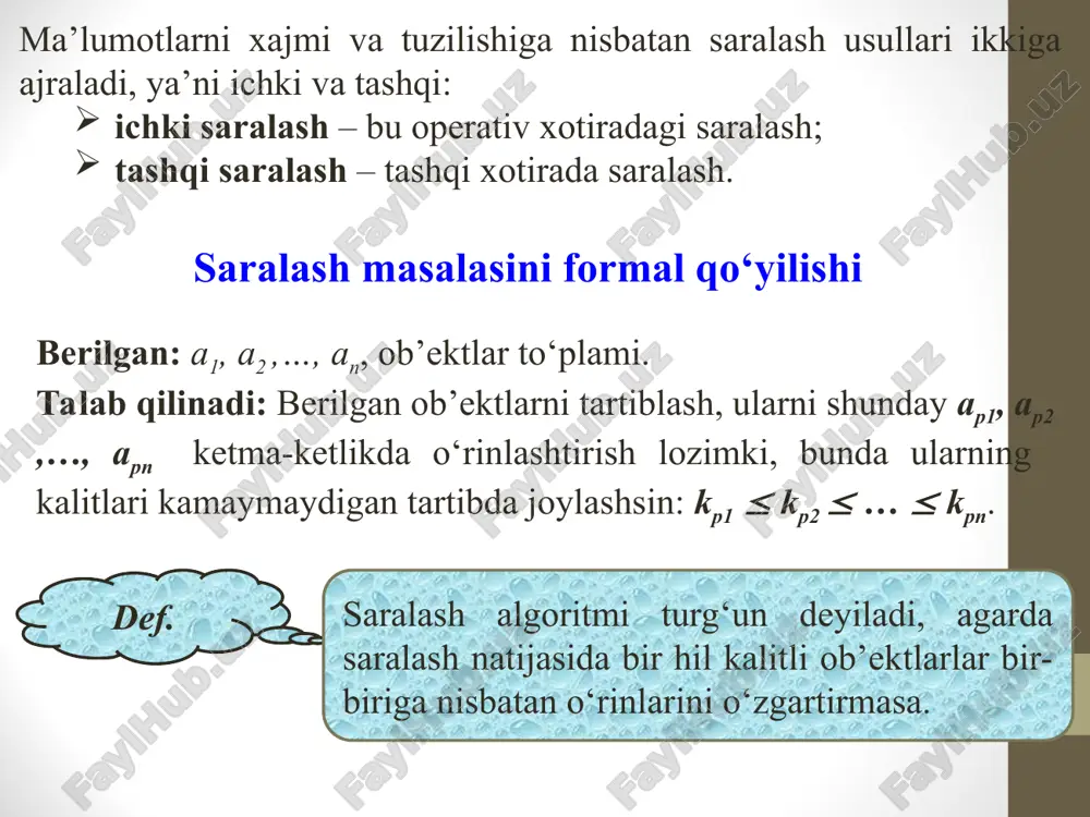 almashtitish bolmasa, false qiymat oladi. quyida kerakli qo’shimchalar kursiv bilan ko’rsatilgan: fl=true for i=2 to n if fl=false then return endif fl=false for j=n to i step -1 if a(j)<a(j-1) then fl=true x=a(j-1) a(j-1)=a(j) a(j)= endif next j next i return i. 5-mavzu bo‘yicha nazorat savollari 1. saralash deganda nima tushiniladi? 2. saralashning vazifasi nimadan iborat? 3. saralashning maqsadi nimadan iborat? 4. qo‘yish orqali saralashning g‘oyasini tushuntirib bering? 5. tanlash orqali saralash tushunchasi? 6. pufaksimon saralash nima? *