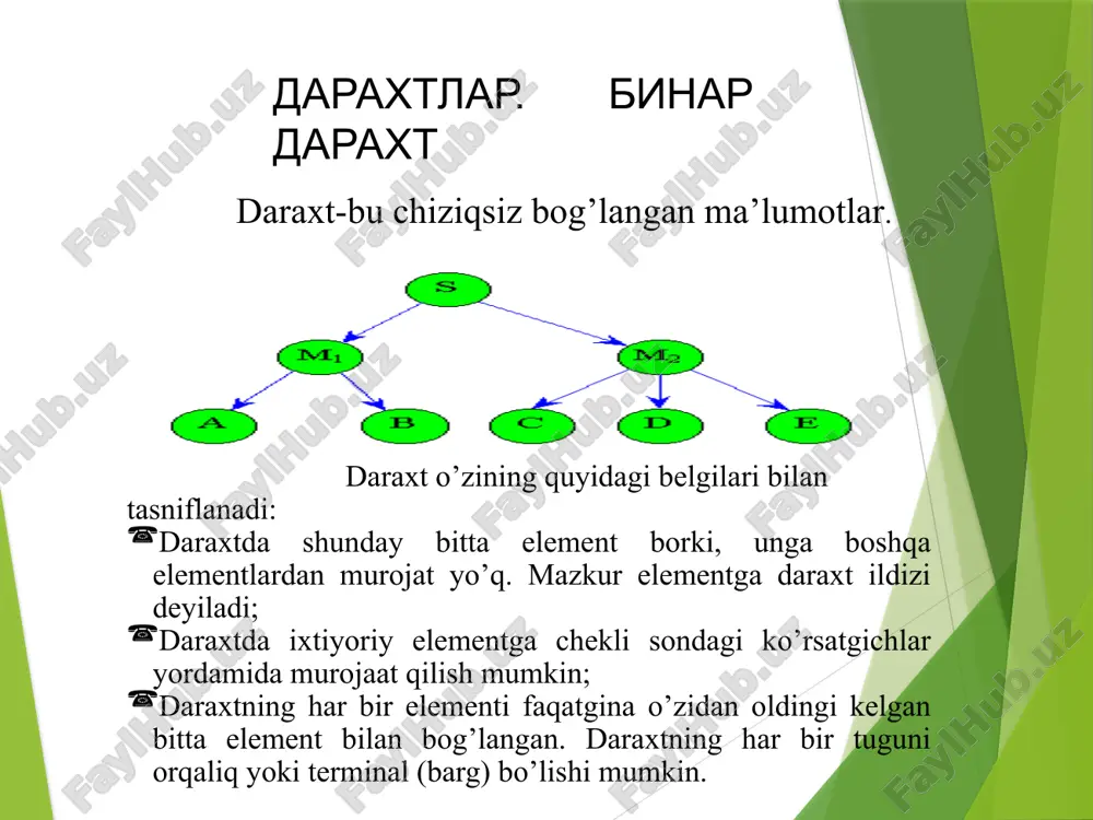 o’ladi. agar berilgan kalitga teng kalitli tugun mavjud bo’lsa, u xolda dastur o’z ishini yakunlaydi, aks holda daraxtga tugun qo’yish amalga oshiriladi. eslatma: daraxtda yangi tugun faqatgina ko’rsatgichlarini kamida bittasi bo’sh bo’lgan tugundan keyin qo’yiladi. 13 binar daraxtdan elementlarni o’chirish. daraxt tuguni o’chrilayotganda 3 hil holat bo’lishi mumkin: topilgan tugun terminal. bu holatda tugun shunchaki o’chirib tashlanadi. topilgan tugun faqatgina bitta o’g’ilga ega. u holda o’g’il ota o’rniga joylashtiriladi. o’chirilayotgan tugun ikkita o’g’ilga ega. bunday holatda shunday qism daraxtlar zvenosini topish lozimki, uni o’chirilayotgan tugun o’rniga qo’yish mumkin bo’lsin. bunday zveno har doim mavjud bo’ladi. bu yoki chap qism daraxtning eng ‘ng tomondagi tuguni (ushbu zvenoga erishish uchun keying uchiga chap shoh orqali o’tib, navbatdagi uchlariga esa murojaat nil bo’lmagunicha, faqatgina o’ng shohlari orqali o’tish zarur). yoki o’ng qisim daraxtning eng chap tuguni (ushbu zvenoga erishish uchun keying uchta o’ng shoh orqali o’tib, navbatdagi uchlariga esa, murojaat nil bo’lmaguncha, faqatgina …