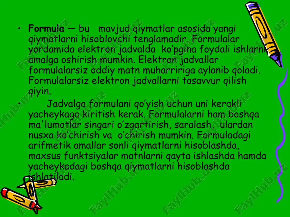 ladigan kiritib qo’yilgan tayyor uskunalar qolipidir. ular murakkab bo’lgan matematik va mantiqiy amallarni bajaradi. funktsiyalar quyidagi ishlarni bajarish imkoniyat beradi. 1. formulalarni qisqartirish. 2. formulalar bo’yicha boshqa qilib bo’lmaydigan hisob ishlarini bajarish. 3. ayrim muxarrirlik masalalarini hal qilishni tezlashtirish. barcha formulalarda oddiy () qavslar ishlatiladi. qavs ichidagi ma'lumotlar argumentlar deb ataladi. funktsiyalar qanday argumentlar ishlatilayotganligiga ko’ra bir-biridan farq qiladi. * funktsiyaning turlariga qarab ular quyidagicha ishlatilishi mumkin: — argumentsiz; — bir argumentli; — qayd kilingan cheklangan argumentlar soni bilan; — noma'lum sondagi argumentlar soni bilan; — shart bo’lmagan argumentlar bilan. funktsiyada argumentlar ishlatilmasa ham, bo’sh qavslar ko’rsatilishi lozim. masalan, =rand(). agar funktsiyada bittadan ortiq argument ishlatilsa, ular orasiga nuqtali vergul (;) qo’yiladi. formulalarga funktsiyani kiritishning ikkita usuli mavjud: klaviatura yordamida qo’lda kiritish va excel dagi «master funktsiy » (funktsiyalar ustasi) piktogrammasi orqali kiritish. * * * funktsiyani kiritish usullaridan biri qo’lda klaviaturadan funktsiya nomi va argumentlar ro’yxatini kiritishdan iborat. excel …