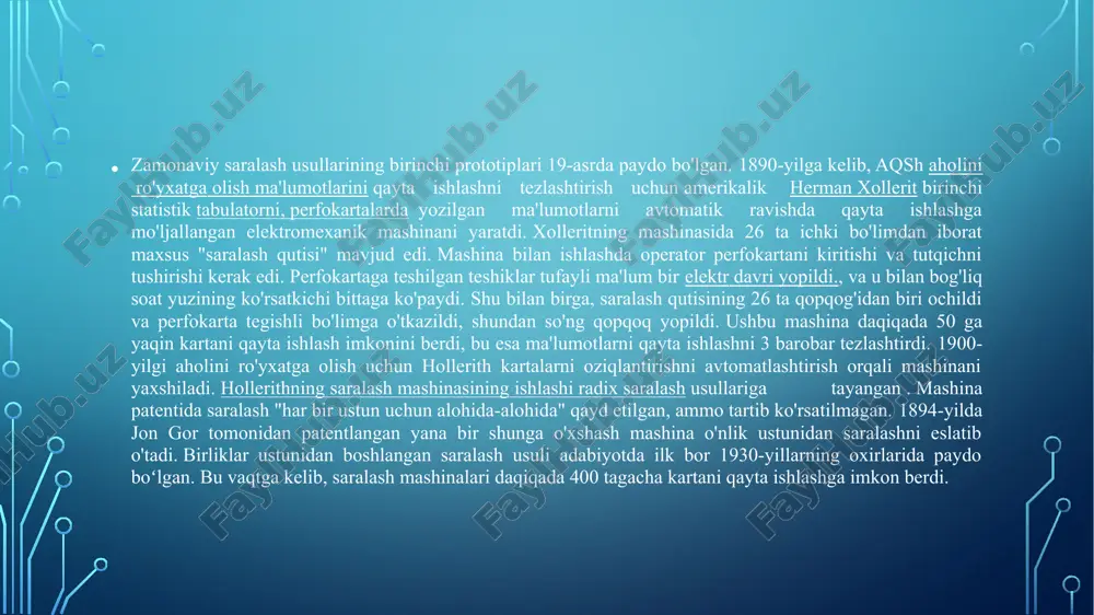 nday qilib, birinchi o'tishdan keyin 24 o'zining to'g'ri joyiga joylashtiriladi. endi biz yana chap pastki massiv va o'ng pastki massivga bo'lish amalini bajaramiz va hokazo. shunday qilib, operatsiyalar har bir bosqichda quyidagi kabi bo'ladi. bu erda nima sodir bo'ldi: birinchidan, u quicksort (array, start_index, end_index) deb nomlandi, keyin bo'lim () chaqirildi va u pivotning chap tomonidagi kichikroq sonlarni va pivotning o'ng tomonidagi yuqori raqamlarni joylashtirdi. va yana quicksort() rekursiv chaqirildi. shunday qilib, biz nihoyat 15 ga erishdik. shundan so'ng, quicksort() har bir qadamda tartiblangan pastki qatorni qaytardi va keyin yana o'ng pastki qatordagi amallar quyidagi rasmdagi kabi bajarildi. shunday qilib, men sizga ushbu uchta rasmda quicksort qanday rekursiv bajarilishini ko'rsatdim. c++da quicksort dasturi #include using namespace std; int partition(int *a,int start,int end) { int pivot=a[end]; // p-indeks pivot qiymat indeksini bildiradi int p_index=start; int i,t; // t vaqtinchalik o'zgaruvchidir // bu erda biz massiv qiymati yoki yo'qligini tekshiramiz // aylanishdan …