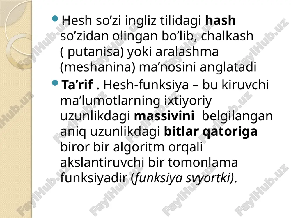 lar to‘plami z ga akslantirishga aytiladi: f(r)=n, rϵr, nϵz. xesh-adreslash bu xesh-funksiya qiymatlar sohasini qandaydir bir ma’lumotlar massivining yacheykasi, adresi sifatida foydalanishdan iborat. u holda ma’lumotlar massivi o‘lchami foydalanilayotgan xesh-funksiyaning qiymatlar sohasiga mos kelishi kerak. turli a1, a2, a3 identifikatorlar uchun mos ravishda n1, n2, n3 xesh-funksiya qiymatlari to‘g‘ri kelsin. n1, n2, n3 adreslarga mos yacheykalarda a1, a2, a3 identifikatorlar haqida ma’lumot joylanadi. a3 identifikatorni qidirishda n3 adres qiymati hisoblanadi va tegishli jadval yacheykasidan ma’lumotlar tanlanadi. bu metod juda effektiv, elementlarni jadvalga joylash vaqti ham, qidiruv vaqti ham faqat xesh-funksiyani hisoblashga ketadi. bu usulning 2 ta yaqqol kamchiligi bor: 1) identifikatorlar jadvalining xotira hajmidan unumsiz foydalanilishi. massiv o‘lchami xesh-funksiya qiymatlar sohasiga mos kelishi kerak, ayni vaqtda real holatda jadvalda saqlanayotgan identifikatorlar ancha kam bo‘lishi mumkin. 2) mos keluvchi xesh-funksiyani tanlay bilish. xesh-funksiyadan natija olish - “xeshlash” simvollar zanjiri ustida oddiy arifmetik va mantiqiy amallarni bajarish hisobiga erishiladi. xesh-adreslashda identifikatorlar jadvalining …