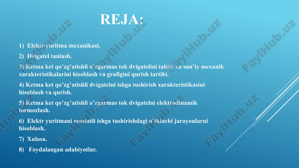 ); bu tenglamalarni echimi o’tkinchi jarayondagi tezlik, tok va momrnt tenglamalarini beradi: ; ; bu erda,- tezlik, tok va momentni turg’un qiymatlari; - tezlik, tok va momentni boshlangich qiymatlari; t – o’tkinchi jarayon vaqti; tm - o’tkinchi jarayonning vaqtining doyimiysi. vaqtning elektromexanik doimiysi: - mustaqil qoʻzgʻatgichli dvigatel uchun: tm = (j∙ω0)/ mk = (j∙rς)/ (kf)2= (1.4∙170)/ 2.5*142=0.67 sek - asinxron dvigatel uchun: tm = (j∙ω0)/ mk = (j∙ω0∙sh)/ m oʻtkinchirejimvaqti har bir pog’ona uchun aniqlanadi ω(t)=ω_y (1-e^(-t/t_m ) )+ ω_b e^(-t/t_m )=54(1-e^(-0.33/0.67) )+ 0e^(-0.33/0.67)=27 rad/sek m(t)=m_y (1-e^(-t/t_m ) )+ m_b e^(-t/t_m ) =330(1-e^(-0.33/0.67) )+ 200e^(-0.33/0.67)=215 nm tabiiy xarakteristika bo’yicha yuritmani tezlanish vaqti tt = (3÷4) tm vaqtning 0dan ti qiymatlari uchun m va ω lar hisoblanadi va o’tkinchi jarayon grafiklari quriladi elektr yuritmani reostatli ishga tushirishdagi o’tkinchi jarayon grafiklari. yuritmani to’liq tushirish vaqti aniqlanadi tit = t1 + t2 + t3+…+ te =0.33+0.27+0.22+0.17=0.99sek elektr yuritmani tormozlashdagi o’tkinchi jarayonlarni hisoblash. tormozlashda …
