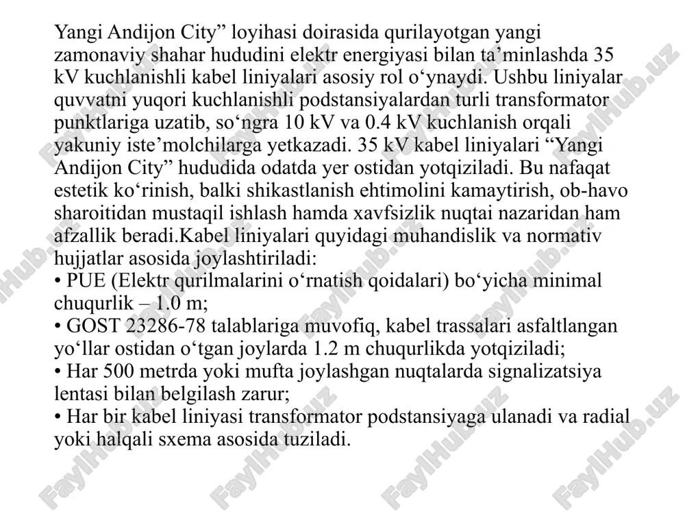 hikastlanish - 43%; qurilish va boshqa tashkilotlar tomonidan to'g'ridan-to'g'ri mexanik shikastlanish - 16%; o'rnatish vaqtida muftalar va so'nggi armaturalardagi nuqsonlar - 10%; tuproqni cho'ktirish natijasida kabellar va muftalarga etkazilgan zarar - 8%; kabellarning metall qobig'ining korroziyasi - 7%; zavodda kabel ishlab chiqarishdagi nuqsonlar - 5%; kabelni yotqizish paytida buzilishlar - 3%; uzoq muddatli ish yoki ortiqcha yuk tufayli izolyatsiyaning qarishi - 1%; boshqa va noma'lum sabablar - 7%. ffggggggfgfgfgfg nterrwqedqwdqwdqwdqwdkqwldkqwldqwdqwkldqwdqwdqwdqwdwdqwdqwdqwdwdwdwdwddwdwdwdwqdwdwdwdwdwdwdwdwdwk kabel liniyasi kirish va chiqish 35 kv elektr uzatish liniyasi — bu kuchlanishi 35 kilovolt (35 000 volt) bo‘lgan elektr energiyasini uzatishga mo‘ljallangan tashqi elektr tarmog‘idir. bu turdagi tarmoqlar o‘rta kuchlanish sinfiga kiradi va asosan elektr energiyasini bir podstansiyadan ikkinchisiga, yirik iste’molchilarga yoki turli sanoat obyektlariga yetkazib berishda qo‘llaniladi. 35 kv liniyalar yuqori ishonchlilik, uzoq masofaga quvvatni samarali uzatish va quvvat yo‘qotishlarining nisbatan pastligi bilan ajralib turadi. ular havo orqali (ochiq ustunlar orqali) yoki yer osti kabel liniyasi ko‘rinishida qurilishi …