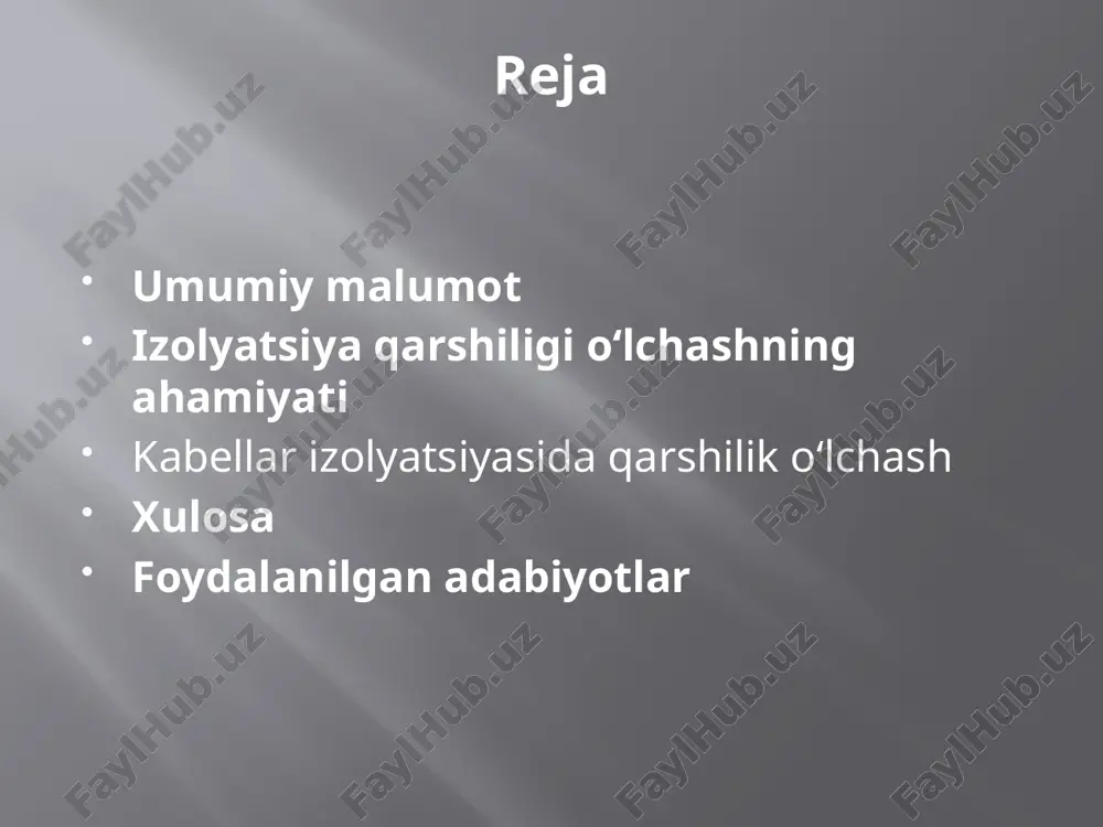 yib, qisqa tutashuv (kz) oqimiga aylanadi, shu bilan birga izolyatsiya qarshiligi nolga yaqinlashadi. izolyatsiya qarshiligi qiymati har bir kabel simi uchun juft-juft qilib o‘lchanadi: - ikki simli kabel uchun — bitta o‘lchov; - uch simli kabel uchun — uchta o‘lchov; - to‘rt simli kabel uchun — olti o‘lchov; - besh simli kabel uchun — o‘n o‘lchov. o‘lchangan qiymatlar har bir kabel bo‘yicha elektro-laboratoriya muhandislari tomonidan qog‘ozga yoki o‘lchov asbobining xotirasiga yozib olinadi. keyinchalik bu ma'lumotlar izolyatsiya qarshiligi o‘lchovlari protokoli natijalari jadvaliga kiritiladi. agar qarshilik minimal ruxsat etilgan qiymatlardan past bo‘lsa, bu haqda protokolning xulosasida va texnik hisobotning nuqsonlar ro‘yxatida ma'lumot beriladi. bunday kabel liniyasini ta'mirlash yoki almashtirish zarur. qog‘ozli izolyatsiyaga ega kabellar uchun yuqori kuchlanishli sinovlar:2-10 kv kuchlanishli qog‘ozli izolyatsiyaga ega kabellarda, yuqori kuchlanishli sinovlar vaqtida ular nominal kuchlanishning 6 baravar yuqori bo‘lgan uzluksiz to‘g‘ri tok kuchlanishiga duchor bo‘ladi. misol uchun, 6 kv kuchlanishli kabel 36 kv kuchlanish bilan sinovdan …