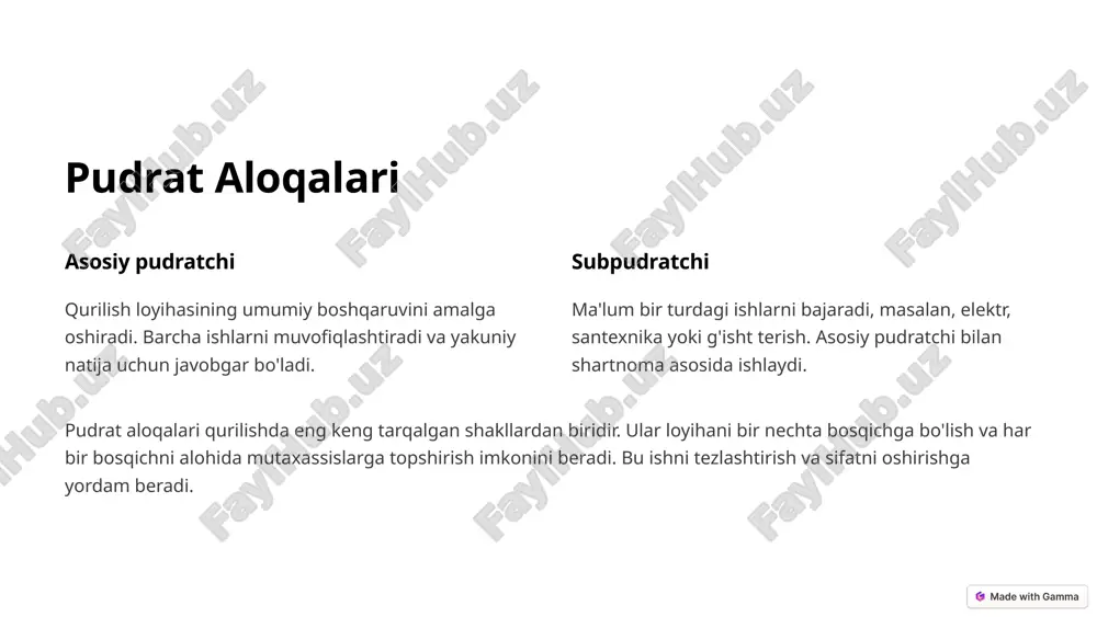 atlarni nazorat qiladi. loyihaning muvaffaqiyatli yakunlanishi uchun javobgar. mehnat aloqalari qurilish jarayonining asosiy qismidir. ishchilar, ustalar va loyiha menejerlari birgalikda ishlaydi, loyihaning muvaffaqiyatli yakunlanishini ta'minlaydi. 8 jamiyat bilan aloqalar mahalliy aholi qurilishning ta'sirini his qiladi, shovqin va noqulayliklarga duch kelishi mumkin. aholi bilan muloqot qilish, ularning ehtiyojlarini hisobga olish muhim. 1 nodavlat tashkilotlar atrof-muhitni himoya qilish, ijtimoiy masalalarni ko'tarish. qurilishning ekologik ta'sirini minimallashtirish uchun hamkorlik qilish muhim. 2 ommaviy axborot vositalari qurilish haqida ma'lumot tarqatadi, jamoatchilik fikrini shakllantiradi. ochiqlik va shaffoflikni ta'minlash muhim. 3 jamiyat bilan aloqalar qurilishning ijtimoiy va ekologik ta'sirini minimallashtirish uchun muhimdir. mahalliy aholi, nodavlat tashkilotlar va ommaviy axborot vositalari bilan muloqot qilish, ularning ehtiyojlarini hisobga olish lozim. 9 qurilishda raqamli aloqalar 1 bim binoning virtual modelini yaratish, loyihalash xatolarini kamaytirish. 2 bulutli texnologiyalar loyihaning barcha ishtirokchilari uchun ma'lumot almashish platformasini ta'minlash. 3 mobil ilovalar qurilish maydonida ma'lumot to'plash, vazifalarni boshqarish va hisobot berishni osonlashtirish. raqamli texnologiyalar …
