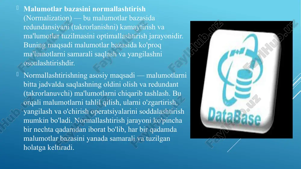 sh muhimdir. ba'zan normalizatsiya darajasi kamroq bo'lgan tizimlar samaraliroq bo'lishi mumkin, ayniqsa katta hajmdagi ma'lumotlarni qayta ishlashda. image1.png image2.png /docprops/thumbnail.jpeg