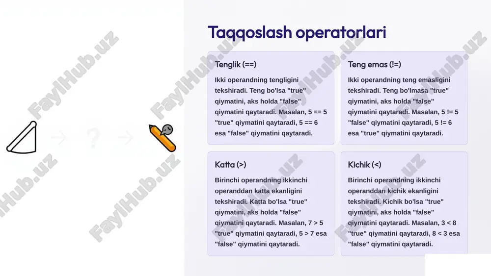 4 taqqoslash operatorlari uchinchi darajali ustuvorlik. arifmetik operatorlar bajarilgandan so'ng, taqqoslash operatorlari bajariladi. c++ da operatorlarni yuklash operatorlarni yuklash - bu bir xil operatorning turli xil ma'nolarga ega bo'lishiga imkon beruvchi mexanizm. c++ operatorlarni turli xil ma'lumot turlarida ishlatishga imkon beradi. birlamchi operatorlar c++ dasturlash tilida birlamchi operatorlar - bu boshqa operatorlar bilan birlashtirib ishlatilmaydigan operatorlar. bular dasturlash tilida muhim ahamiyatga ega. taqqoslash operatorlari kamroq ( ) bu operator ikki operandni taqqoslaydi va birinchisi ikkinchisidan katta bo'lsa, to'g'ri qiymatni qaytaradi. teng (==) bu operator ikki operandni taqqoslaydi va ular teng bo'lsa, to'g'ri qiymatni qaytaradi. teng emas (!=) bu operator ikki operandni taqqoslaydi va ular teng bo'lmasa, to'g'ri qiymatni qaytaradi. tayinlash operatorlari 1 oddiy tayinlash (=) bu operator o'ng tomondagi qiymatni chap tomondagi o'zgaruvchiga tayinlaydi. misol: `x = 5;`. 2 qo'shish va tayinlash (+=) bu operator o'ng tomondagi qiymatni chap tomondagi o'zgaruvchiga qo'shib, natijani o'zgaruvchiga tayinlaydi. misol: `x += 5;`. 3 …