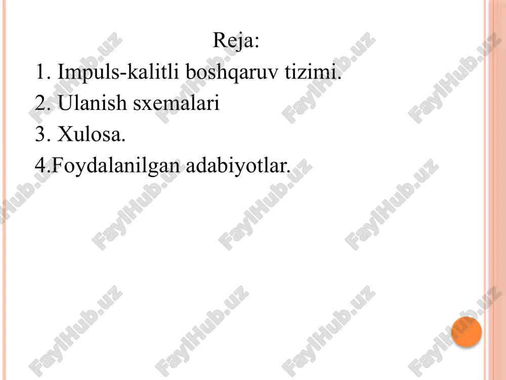 bo’ladi d1..d3 diodlar d4...d6 diodlar bilan birga siljish datchigini tashkil etishadi. shuningdek t1..t3 tiristorlar bilan esa tiristorli kommutatorni tashkil etishadi. rezistorlar, diodlar d8..d10, stabilitron d11 va d12 hamda qo’shimcha tiristor t4 qo’shuvchi bo’g’inli rele elementini tashkil etishadi. potentsiometrning chiqish kuchlanishi stabilitronlarning stabilizatsiya kuchlanishlarining yeg’indi kuchlanishidan katta bo’lsa qo’shimcha tiristor t4 ishlab ketadi va impulsi tok shakillanadi. impuls t1..t3 tiristorlarni ishga tushiradi. birinchi holatda motor dinamik tormoz sxemasiga ulangan bo’ladi va bu holatga faqat ikkinchi yoki uchinchi holatdan o’tishi mumkin. nol holatidan o’tish mumkin emas. bu o’z o’rnida mexanizmni boshqarilishini qiyinlashtiradi va ushbu sxemalarning kamchiligidi xulosa kran mexanizmlarining impuls-kalitli boshqaruv tizimlari zamonaviy texnologiya yordamida samarali ishlashini ta'minlaydi.elementlar o‘rtasidagi muvofiqlik va ishonchlilik tizimning muvaffaqiyatli ishlashiga yordam beradi.kran mexanizmlarini boshqarishda yuqori samaradorlikka erishish uchun elektr yuritmalari va boshqaruv tizimlariga qo‘yiladigan talablarni hisobga olish zarur. foydalanilgan adabiyotlar. 1. s . m aj i d o v . elektr mashinalari va elektr yuritma. « o‘qituvchi», …