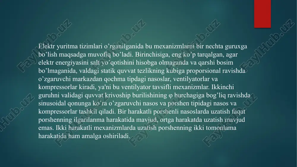 ning yuqori bo’lmasligi ular uchun rostlavchi asinxron elektr yuritmalarning oddiy sxemasini qo’llash imkonini beradi. unchalik katta bo’lmagan quvvatli (7...10 kwt) qurilmalar uchun bu masala kuchlanishni rostlavchi – rotori qisqa tutashtirilgan asinxron motor 78 tizimlari yordamida yechiladi. kuchlanishni rostlavchisi sifatida ko’pincha tiristorli kommutatorlar qo’llaniladi. binodagi zaruriy havo almashinuvi va kerakli haroratni saqlash, binodagi ventilyatsiyalanayotgan havo haroratining belgilangan darajasiga bog’liq holda tortuvchi ventilyator aylanish chastotasini avtomatik tarzda ravon rostlash yo’li bilan amalga oshiriladi. harorat belgilangan darajadan o’zgarganida qurilmaning chiqishidagi harorat datchigining signaliga ko’ra kuchlanish o’zgaradi, shunga ko’ra ventilyator elektr motorining aylanish tezligini rostlashga erishiladi. asinxron motor tezligini impulsli boshqaruv usulini juda onson amalga oshirish mumkin. qarshilik ortganida motorning kritik sirpanishi kamaygani uchun, yuritmaning barqaror ishlash tezligining diapazoni hatto mexanizmning “ventilyatorli” tavsifida ham juda kichik bo’lib qoladi. tezlik bo’yicha teskari manfiy bog’liqlikni kiritilishi mexanizmdan talab qilinadigan tezlik diapazonida yopiq elektr yuritma tizimini barqaror ishlashini va mexanik tavsiflarini bikir bo’lishini ta'minlaydi. teskari bog’lanish signali …
