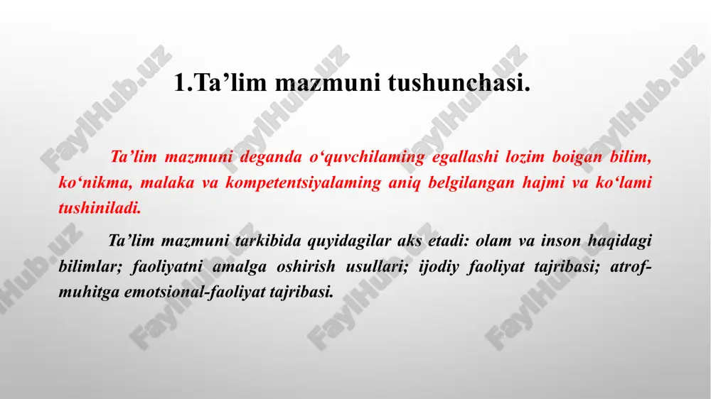 sqichlari bilan uzluksizligi va ta’lim mazmunining uzviyligi; umumiy o‘rta ta’lim mazmunining respublikadagi barcha hududlarda birligi va yaxlitligi; umumiy o‘rta ta’limning mazmuni, shakli, vositalari va usullarini tanlashda innovatsion texnologiyalarga asoslanilganligi; o‘quvchilarda fanlami o‘rganish va ta’lim olishni davom ettirish uchun tayanch va fanlarga oid umumiy kompetensiyalami rivojlantirishning ta’minlanganligi; rivojlangan xorijiy mamlakatlaming ta’lim sohasida me’yorlarni belgilash tajribasidan milliy xususiyatlami hisobga olgan holda foydalanish. davlat ta’lim standard quyidagi tarkibiy qismlardan iborat: davlat ta’lim standarti o ‘quv reja malaka talablar baholash tizimi o‘quv dasturi umumiy o‘rta ta’limning tayanch o‘quv rejasi umumiy o‘rta ta’lim muassasalarida o‘qitiladigan o‘quv fanlari nomi, o‘quv yukiamasinmg minimal hajmi hamda ulaming sinflar bo‘yicha taqsimoti belgilangan hujjat hisoblanadi. tayanch o‘quv reja umumiy o‘rta ta’lim muassasalarining dars jadvalini ishlab chiqish uchun asos hisoblanadi. tayanch o‘quv reja umumta’iim fanlari bo'yicha belgilangan ta’lim mazmunini o‘quvchiga yetkazish uchun ajratilgan o'quv soatlari (davlat ixtiyoridagi va maktab ixtiyoridagi soatlar)ning minimal hajmini belgilaydi. umumiy o‘rta ta’limning tayanch o‘quv rejasi umumiy …