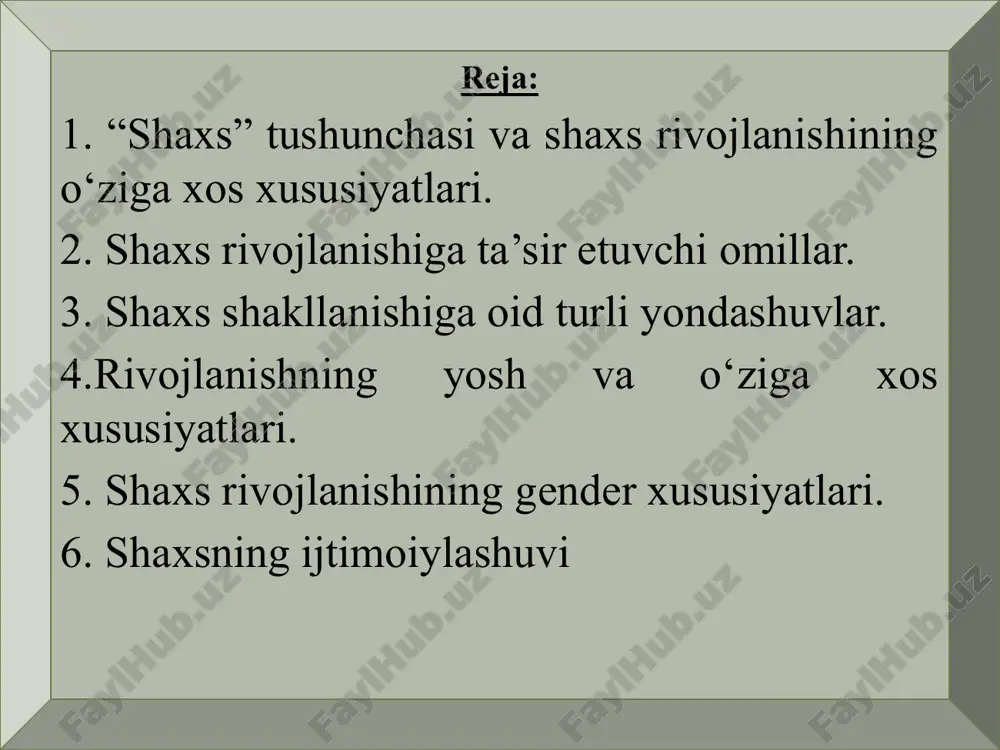 katlari tug‘ma instinkt va ehtiyojlar natijasidir. inson jamiyat talablariga bo‘ysunishga majbur, shu bilan birga tabiiy ehtiyojlarini ham namoyon qilib boradi. ijtimoiy yondashuv - inson biologik mavjudot sifatida tug‘iladi, faqat hayotiy faoliyati davomida boshqalar bilan doimiy muloqot va ijtimoiy guruhlarning ta’siri ostida ijtimoiylashadi. psixologik yondashuv - insondagi psixik jarayonlar (sezgi, idrok, fikrlash kabilar) tabiiy tavsifga ega, insonning yo‘nalganligi - qiziqishlari, qobiliyatlari ijtimoiy hodisa sanaladi. yaxlit yondashuv - shaxs yaxlit tavsifga ega bo‘lib, uning rivojiga nafaqat uning faoliyatidagi o‘ziga xosliklar, balki turmush tarzi ham ta’sir ko‘rsatadi. shu bilan birga ijtimoiy hayot natijalari - motiv, maqsad, qiziqish kabilar ham uning rivojlanishida muhim rol o‘ ynaydi. 4-ilova shaxsning yosh xususiyatlari muayyan bir yosh davriga xos bo‘lgan anatomik, fiziologik (jismoniy) va psixologik xususiyatlar shaxsning individual xususiyatlari shaxsning yo‘nalganligi, qiziqishlari, xarakteri, uni boshqalardan ajratib turadigan aqliy kamoloti va faoliyatining o‘ziga xos, barqaror, muhim xususiyatlari faoliyat ijtimoiy hayotni maqsadga muvofiq tashkil etish yo‘lida shaxs tomonidan amalga oshirilayotgan …