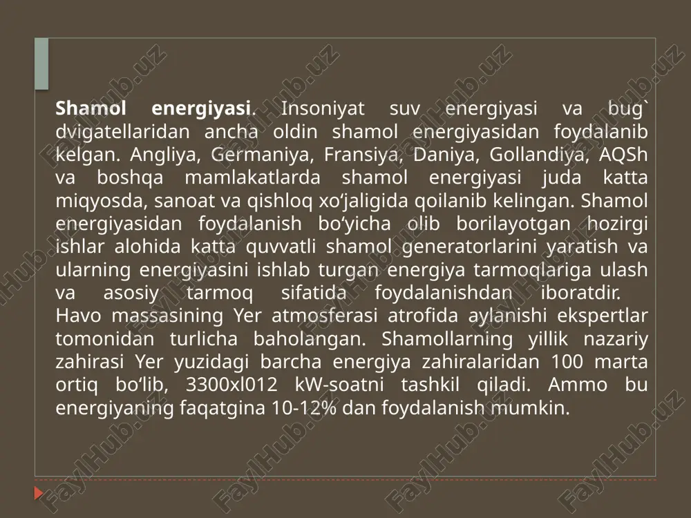 eneratorlari- shamolning kinetik energiyasini elektr energiyaga aylantirib beruvchi qurilma. shamol generatorlarining ikki xil turi mavjud: sanoat va uy uchun. sanoat uchun shamol generatorlari davlat yoki katta energetik korporatsiyalar tomonidan quriladi. ushbu qurilmalar energiyasi bir joyga to‘planadi va natijada shamol elektrostansiyalari vujudga keladi. uning asosiy farqi- ishlashi uchun xomashyoning zarur emasligi va hech qanday chiqindi chiqmasligidir. uning asosiy talablaridan biri- yillik o'rtacha shamol tezligining yuqori boiishidir. har bir sanoat energetik qurilmalarida o‘t o'cherish tizimi, shamol generatorining ishlashi haqida ma’lumot berib turuvchi telekommunikatsion tizim va chaqmoqdan himoya qilish tizimi mavjud. zamonaviy shamol generatorlarining quvvati 6mw(6000 kw)gacha yetadi. shamol generatorining turlari. shamol turbinalarinig ikkita asosiy turi mavjud: vertikal va gorizontal aylanish o‘qli. vertikal o‘qli turbinalar kichik tezlikdagi shamollarda ishlaydi, shuning uchun ular past samarali hisoblanadi. shu sababli vertikal o‘qli turbinalar juda kam qo'llaniladi. asosan ular uy uchun o'rnatiladi. uy uchun quriladigan shamol qurilmalarini qoilash tez sur’atlar bilan rivojlanib bormoqda. odatda, uncha katta boimagan …