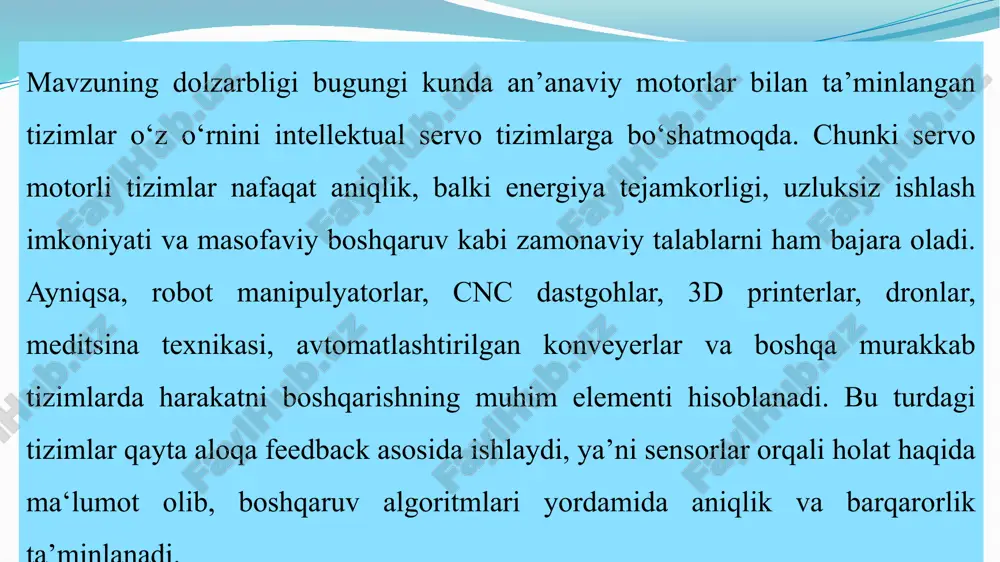 lash imkoniyati 3. moslashuvchanlik va kengaytirish imkoniyati 4. avtomatlashtirish imkoniyati 5. ma’lumotlarni saqlash va qayta ishlash 6. masofadan boshqarish va monitoring kamchiliklari: 1. murakkablik 2. kechikish 3. xarajat 4. quvvat sarfi 5. nosozlikni tashxislash murakkabliligi sul pid boshqaruv afzalligi va kamchiligi afzalliklari: 1. oddiylik va universal qo‘llanilishi 2. moslashuvchanlik 3. stabilizatsiya va aniqlik 4. tizim tezligini boshqarish 5. amaliy jihatdan sinovdan o’tgan kamchiliklari: 1. noaniqlik va o‘zgaruvchan tizimlar uchun mos emas 2. moslash uchun vaqt va tajriba kerak 3. ortacha tebranish va ortiqcha boshqaruv harakatlari 4. integratsion to‘yinganlik (integral wind-up) 5. murakkab nolinear tizimlar uchun yetarli emas analog boshqaruv tizimi afzalliklari va kamchiliklari afzalliklari: 1. oddiylik 2. real vaqt rejimida ishlash 3. tezkor javob 4. narxi arzon 5. shovqinli muhitda ishlash kamchiliklari: 1. aniqlilik past 2. moshlashuvchanlik past 3. masshtablash qiyinligi 4. ma’lumotlarni saqlash imkoniyati yo`q 5. nosozlikni aniqlash va tuzatish qiyin 6. uzluksiz ishonchlilik algoritmli boshqaruv tizimi afzalliklari va …