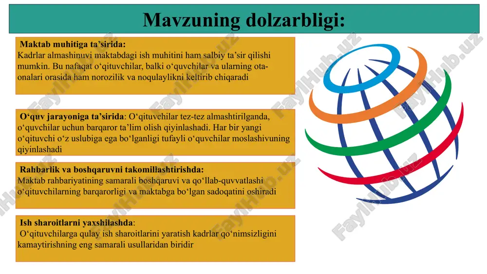 a bo‘lgan qiziqishini oshirish. startup business success mavzu yuzasidan xorijiy davlatlar tajribalari kanadada kadrlarni joylashtirish tizimi: o‘qituvchilarni o‘zlari uchun qulay bo‘lgan geografik joylarga joylashtirish orqali ularning ishdan ketishini kamaytirish. madaniy moslashuvni ta’minlash ko‘p millatli hududlarda ishlovchi o‘qituvchilarga madaniy o‘zaro ta’sir va moslashish bo‘yicha treninglar o‘tkaziladi. yaponiyada o‘qituvchilarni tanlashda: ularning yuqori malakasi va ta’lim darajasi muhim ahamiyatga ega.o‘qituvchilarni ishga qabul qilish jarayoni juda qattiq va tanlovli bo‘lib, faqat eng yaxshi nomzodlar tanlanadi. bu jarayon yozma imtihonlar, intervyular va amaliy mashg‘ulotlarni o‘z ichiga oladi. aqshda qimmatlashgan maoshlar: ba’zi shtatlar va okruglar o‘qituvchilar uchun yuqori maoshlar va bonuslarni joriy qilgan, bu esa kadrlar qo‘nimsizligini kamaytirishga yordam beradi. avstraliyada ishga kiruvchi grantlar: yangi o‘qituvchilar uchun turli xil grand va stipendiyalar mavjud, bu ularga moliyaviy qo‘llab-quvvatlash imkonini beradi. 8 № amaldagi holat (oʻzbekistonda) amaldagi holat (xorijda) taklif 1 bizning maktablarda yangi ishga kirayotganlarga moliyaviy imtiyoz va garandlarning barcha fanlardan ham joriy etilmaganligi. avstraliyada ishga kiruvchi …
