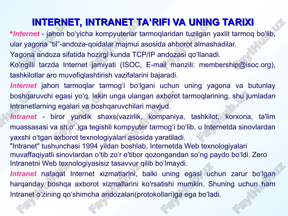 anuvchi axborot tarmog‘ini tanlaganda bu tarmoq internet xizmatlaridan qaysi turlaridan foydalanish imkoniyatini yaratishga qodir ekaniga alohida e’tibor berishi lozim. 1994 yil o‘rtalarigacha keng foydalanuvchilar ommasi tomonidan internetga qiziqish yo‘q edi, chunki unga ulanish va unda ishlash texnologiyasi oddiy foydalanuvchilar uchun qulay emas edi. internetdan yalpi foydalanishda birinchi qadam web texnologiyasining yuzaga kelishi bo‘ldi. web texnologiyasining yaratilishi shaxsiy kompyuter (shk)lar yaratilishiga o‘xshash revolyutsion hodisa deb qaralmoqda. bu texnologiyaning ajoyib tomoni shundaki, ishni kichik sarf-xarajatlardan boshlash mumkin. bunda varaqlovchi dastur (brouzer, navigator) va web - server bo‘lsa kifoya. web -serverni esa tashkilotda bor bo‘lgan kompyuterda qilsa bo‘ladi, va harbir yangi rivojlantirish natijasida salmoqli natijalarga erishish mumkin. shk yaratilguncha ham hisoblash resurslariga bo‘lgan yondoshuv 1-10 mln kishi bo‘lgan bo‘lsa, shk yaratilgandan so‘ng foydalanuvchilar soni 10-50 marta ortgan edi. hozirgi kunda jahon bo‘yicha 100-200 mln. shk ishlab turibdi, lekin 100 mln. yer yuzi aholisidan bor yo‘g‘i 2% tini tashkil etadi. web texnologiya yaratilishi bilan …