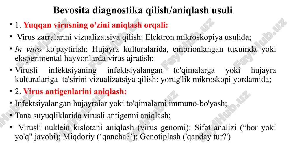 talab qilishi bilan alohida o‘rin tutadi. bu usullar antigen (ag) va antitananing (at) o‘zaro ta’siriga asoslangan bo‘lib, aglyutinasiya, presipitasiya, immunodiffuziya va nishonlangan moddalarga asoslangan usullarga bo‘linadi va o‘zining sezgirligi bilan bir-biridan farq qiladi. usullarning sezgirligi darajasi jadvalda keltirilgan. usullar nomi aniq. virus usul cezgirligi tekshirish vaqti tomchi usuli tmv 1-10 mkg/ml 30-60 min mpr kxv 0,5 mkg/ml 24 soat lu kxv, ksv 0,1-0,5 mkg/ml 10-60 min pallas - test kyv 0,01-0,5 mkg/ml 4-10 min indikator o'simlik tmv 0,5 mkg/ml bir necha kun rid kxv 1 mkg/ml 24-48 soat iid kxv 1-10 mkg/ml 24-48 soat ief vtm 0,1-4 mkg/ml 48 soat tgar xvk 0,075mkg/ml - bfu tmv 0,1-0,5 mkg/ml 10-20 min vba jpmv 0,2 mkg/ml 1-2 min ria gkmv 10-300 ng/ml 1-2 soat ifa kxv 0,1-1 ng/ml 2-3 soat turli immunologik usullar sezgirligini solishtirish immunologik usullar: immunologik usullarning qiyidagi turlari ma’lum: agglyutinatisyaga asoslangan prisipitatsiyaga asosslangan nishinlangan moddalarga asoslangan diffuziga asosslangan presipitatsiyaga …