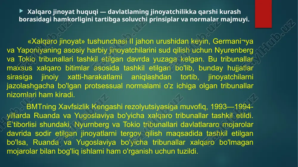 adigan muayyan holati yoki maqomidir. tutqinlar savdosi sirasiga insonni qo'lga tushirish, sotib olish yoki qul sifatida sotish uchun arzon garovga berish, tutqunni sotish yoki almashtirish maqsadida xarid qilish bilan bog'liq har qanday aktlar, sotish yoki almashtirish maqsadida xarid qilingan tutqunni sotish yoki almashtirish maqsadida arzongarovga berish bilan bog'liq har qanday aktlar va, umuman, tutqunlar savdosi va ulami tashish borasidagi har qanday harakatlar kiradi. yollanma jinoyatchilik. 1989-yilda qabul qilingan yollanma jinoyatchilami yollash, foydalanish, moliyalash va tayyorlashga qarshi kurash to'g'risidagi konvensiyada «yollanma jinoyatchi nizolashayotgan tomonning fuqarosi hisoblanmagan, shaxsiy moddiy foyda ko ‘rish maqsadida harbiy harakatlarda ishtirok etish uchun o‘z ixtiyori bilan yollangan xususiy shaxs», degan ta’rif berilgan. yollanma jinoyatchilar harbiy jinoyatchilar hisoblanadilar va harbiy asirlik rejimi ularga nisbatan qo'llanilmaydi. hududida ana shu jinoyatchi joylashgan davlat o'z milliy qonunchiligiga muvofiq, uni hibsga oladi va tergov qiladi. davlatlar yollanma jinoyatchilikka qarshi kurashda bir-birlariga huquqiy ko'mak beradilar. terrorizm. terrorizm harakatini aniqroq ta’riflash va uni yuridik …