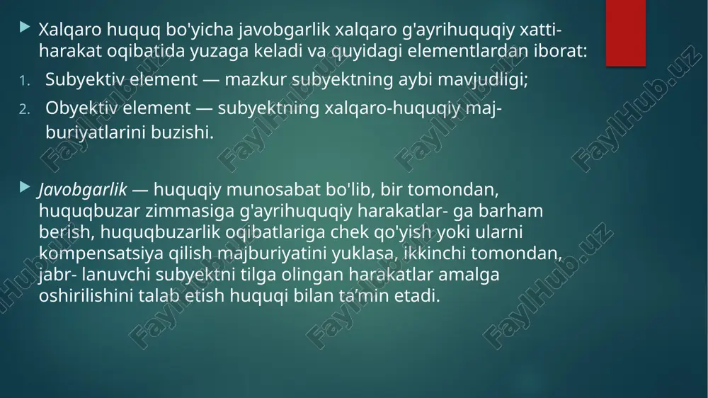 arayotgani tufayli, o'rganilayotgan soha bo'yicha bir talay imkoni- yatlarning mazkur tashkilotga tegishli ekanini tan olish bilan bog'liq muayyan tendensiya kuzatilmoqda. huquqbuzarga ma’naviy-siyosiy ta’sir ko'rsatish chorasi sifatida bmt bosh assambleyasining qoralovchi qaror- lari qabul qilinmoqda, vaholanki, bmt ustavida sanksiya sifatida bun- ga o'xshash choralardan foydalanish ko'zda tutilmagan. bunday qaror- lar, agar ularda kuch bilan yoxud uni ishlatish yo'li bilan tahdid solish orqali erishilgan natijalami tan olmaslik haqida so'z borsa, muayyan huquqiy oqibatlami ham keltirib chiqarishi mumkin. bmtning sanksiyalar qo'llash borasidagi tajribasi ulaming naqadar ahamiyatli ekanini ko'rsatmoqda. janubiy rodeziya va janubiy afrika- dagi irqchilik rejimlariga ko'p jihatdan bmt sanksiyalari tufayli chek qo‘yilgan edi. fikrimizcha, yaqin yillar bmt ustavining «tinchlikka tahdid, tinchlik-barqarorlikning buzilishi va agressiya aktlariga nisbatan harakatlar» nomli vii bobini tamomila yangi mazmun-mohiyat bilan boyitadi. shu ma’noda, 1990-yili quvaytga hujum qilgani uchun iroq- qa nisbatan sanksiya qo'llash taj'ribasi ibratlidir. bu qarama-qarshilik- lardan keyingi davrda keng ko‘lamli sanksiya qo'llash borasidagi ilk tajriba edi. …