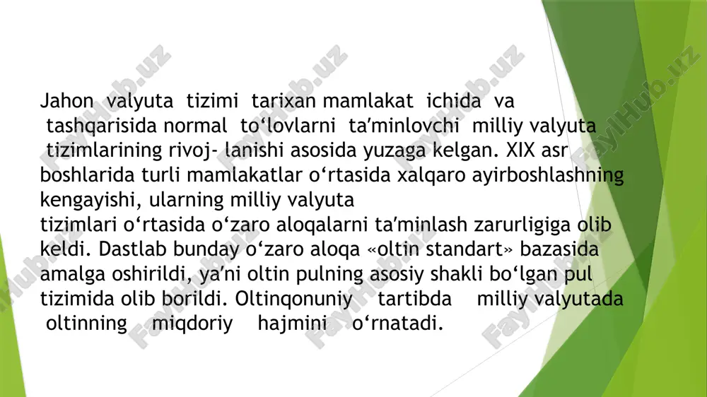 anki bu tashkilotlarga aʼzo mamlakatlar o‘rtasidagi valyuta-moliya munosabatlarini tartibga solib turishlari lozim edi, yaʼni jahon valyuta bozorida intizom qoidalarini, xalqaro hisob-kitoblarni amalga oshirish tartiblarini o‘rnatish, valyuta kurslari harakatini boshqarish, mamlakat- larga moliyaviy yordam ko‘rsatish va hokazolar. dastlab xalqaro valyuta fondida qatnashuvchi-mamlakatlar tomo- nidan oltinning bozor bahosini barqarorlashtirishga qaratilgan maxsus bitim qabul qilindi. 1969 yilda xalqaro pul birligi – sdr qabul qilindi, 1971-yilda dollarni oltinga almashtirish to‘xtatildi, buning natijasida milliy valyutalarning oltin bilan har qanday aloqasi yo‘qoldi va ularning bahosi yuqori darajada valyuta bozoridagi talab va taklifga bog‘liq bo‘lib qoldi: xvf ga aʼzo-mamlakatlar asta-sekin «suzib yuruvchi» kurslarga o‘ta boshladilar. xvf ga aʼzo-mamlakatlar 1976-yilda yamayka poytaxti kings- tonda yangi xalqaro valyuta tizimiga asos solgan bitimni imzoladilar. xalqaro valyuta tizimi o‘z rivojlanishining hozirgi bosqichida qator xususiyatlari bilan ifodalanadi. birinchidan: “suzish” erkinligi mamlakatlarda davlat tomonidan cheklansa ham, «suzib yuruvchi valyuta» kurslari qoidasi rasman tan olingan va kiritilgan. («erkin suzib yuruvchi» valyuta kursi maʼlum valyutaga …
