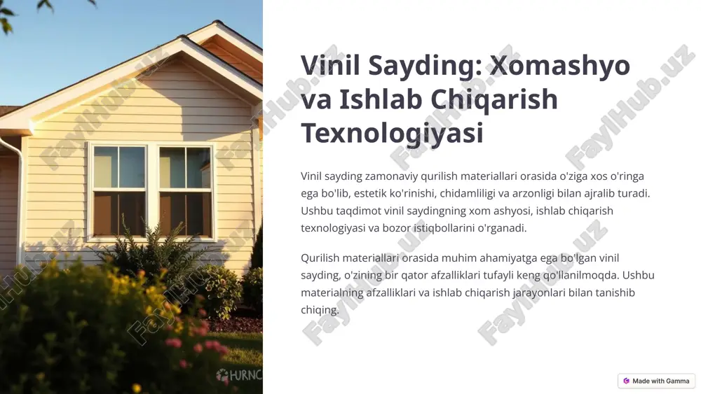 testdan o'tkazish. sifat nazorati vinil sayding ishlab chiqarishning muhim bosqichidir. mexanik va kimyoviy testlar mahsulotning mustahkamligini va chidamliligini aniqlaydi. standartlarga rioya qilish mahsulot sifatini kafolatlaydi. astm d3679 va en 13245 kabi standartlar qo'llaniladi. sifat nazorati bosqichlari xomashyo, jarayon va tayyor mahsulotni qamrab oladi. bu bosqichlar mahsulotning barcha talablarga javob berishini ta'minlaydi. 8 texnologik innovatsiyalar qo'shma ekstruziya ikki qatlamli sayding ishlab chiqarish. raqamli bosib chiqarish individual dizaynlar yaratish. "aqlli" sayding sensorlar bilan jihozlangan panellar. energiyani tejaydigan energiyani tejovchi texnologiyalar. qo'shma ekstruziya texnologiyasi ikki qatlamli sayding ishlab chiqarish imkoniyatini beradi. raqamli bosib chiqarish texnologiyasi individual dizaynlar yaratishga yordam beradi. "aqlli" sayding sensorlar bilan jihozlangan panellarni o'z ichiga oladi. energiyani tejovchi texnologiyalar atrof-muhitga ta'sirni kamaytiradi. texnologik innovatsiyalar vinil sayding sanoatini rivojlantirishga katta hissa qo'shadi. yangi materiallar va texnologiyalar mahsulot sifatini yaxshilaydi. 9 atrof-muhitga ta'siri va qayta ishlash ekologik toza pvx 1 qayta ishlash 2 chiqindilarni kamaytirish 3 barqaror rivojlanish 4 ekologik toza pvx …