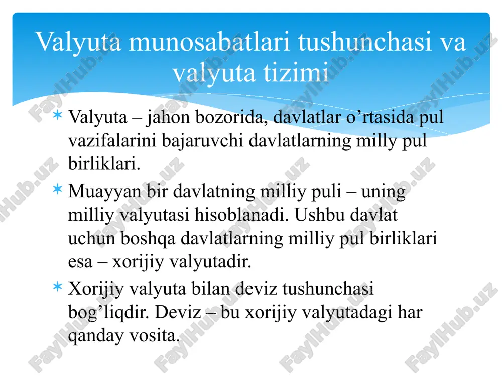 xizmat qilgan. ushbu davrda dunyodagi 30ta mamlakatning pul tizimi oltin deviz standartiga asoslangan edi. milliy pul birliklari xalqaro to’lov zaxira vositalari sifatida ishlatila boshlangan. oltin paritetlar saqlab qolingan. valyutani oltinga almashuvi (konversiya) nafaqat bevosita, balki bilvosita, ya’ni xorijiy valyutalar orqali ham amalga oshirila boshlandi. erkin suzib yuruvchi valyuta kurslari qayta tiklangan. valyuta boshqaruvi faol valyuta siyosati sifatida, xalqaro konferentsiyalar va kengashuvlar shaklida amalga oshirilgan. uchinchi dunyo valyuta tizimi bretton vuds nomi bilan 1944 yili bmtning valyuta kredit konferentsiyasida ta’sis etilgan. uning asosiga quyidagi tamoyillar qo’yilgan edi: aqsh dollari va ingliz funt sterlingiga asolangan oltin deviz standarti kiritilgan. kelishuv oltinni dunyo valyuta tizimi asosi sifati 4ta shaklda ishlatishni ko’zda tutgan edi: a) valyutalarning oltin pariteti saqlab qolingan va ularni xvf fiksatsiya qilinishi kiritilgan; b) oltinni xalqaro to’lov va zaxira vositasi sifatida ishlatish saqlab qolingan; v) o’zining kuchayib ketgan moliyaviy-iqtisodiy salohiyatiga asoslangan holda aqsh dollarni oltinga tenglashtirgan. bu bilan dollarga zaxira valyuta …