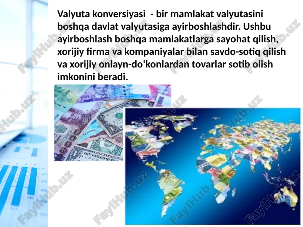 an qiymati quyidagicha bo‘lgan: (9520,34 usd/uzs) / (6,97 usd/hrk) = 1365,90 hrk/uzs valyuta kodi – bu dunyodagi valyutalar uchun umumiy qabul qilingan belgi bo‘lib, u uchta harfdan iborat bo‘ladi. bu valyutalarni matnlar va elektron tabloidlarda qisqa va aniq aks ettirishni osonlashtiradi. dunyodagi eng qimmat valyuta: quveyt dinari valyuta kodi - kwd dunyoda eng ko‘p ishlatiladigan valyuta: aqsh dollari valyuta kodi – usd amerikaning jahon bozorida yetakchiligi tufayli uning valyutasi "jahon zaxira valyutasi" unvoniga erishdi. boshqa so‘z bilan aytganda, dunyoning istalgan burchagida aqsh dollarini ishlatsangiz bo‘ladi va uni qabul qilishadi. dunyodagi eng qadimgi va hali ham ishlatiladigan valyuta: funt sterling valyuta kodi – gbp pul sanash foydalari korish qobilyatini yaxshilanishi xotirani yaxshilanishi nutqni ravonlashishi asabiylashishni kamayishi valyuta tizimi — valyuta harakati bilan bogʻliq iqtisodiy va huquqiy munosabatlar majmui. v.t. valyutalar, ulardan foydalanish va oʻzaro almashinuv, toʻlov vositasi sifatida qoʻllanilishi, shuningdek valyutalarni ishlatish bilan bogʻliq pul-kredit munosabatlarining qoida va tadbirlari majmuidan iborat. …