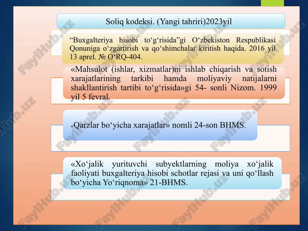 tlar ishlab chiqarish hajmi o‘zgarishi bilan proporsional o‘zgaradigan xarajatlar maxsulot tannarxiga kiruvchi a) to‘g‘ri moddiy xarajatlar b) to‘g‘ri mehnat xarajatlar v) ba’zi umumishlab chiqarish xarajatlari (yoqilg‘i, elektr energiya va b. davr xarajatlari ga kiruvchi sotish xarajatlarining ba’zilari ma’muriy xarajatlarning ayrimlari doimiy xarajatlar ishlab chiqarish hajmi o‘zgarishidan qat’iy nazar o‘zgarmaydi maxsulot tannarxiga kiruvchi ba’zi umumishlab chiqarish xarajatlari davr xarajat lariga kiruvchi sotish xarajatlari ma’muriy boshqaruv xarajatlarining asosiy qismi yarim o‘zgaruvchan xarajatlar masalan, telefon xizmati xarajatlari: a) bir oylik aniq to‘lanishi lozim bo‘lgan summa - doimiy xarajat guruhiga kiritiladi. b) shaharlararo va halqaro so‘zlashuv xarajatlari bo‘lsa, o‘zgaruvchan xarajat guruxiga kiritiladi. bir vaqtning o‘zida ham o‘zgaruvchan, ham doimiy xarajat komponentiga ega bo‘lgan xarajatlar 4. xarajatlarni hisobga olish uslublari xarajatlarni hisobga olish uslublari direkt-kosting standart-kost absorption costing «standart costing» bu xarajatlar hisobi va tannarx aniqlash tizimi bo‘lib, unda ishlab chiqarilgan maxsulot tannarxi avvaldan hisoblab chiqilgan normativ xarajatlar yordamida baholanadi keyin esa haqiqiy xarajatlar bilan …