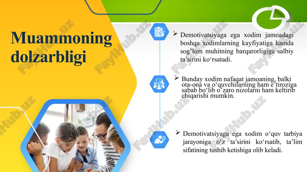 qiladi demotivatsiyaga ega xodimlar bilan ishlash bo’yicha aniq tavsiyalar berilgan psixologik qo’llanmalar yaratish 2 maktab xodimlari demotivatsiyaga ega xodimlar bilan ishlashda bir-birlarini qo‘llab quvvatlamaydi avstraliyada maktablar mahalliy davlat hokimiyati va ta’lim departamentlari tomonidan nazorat qilinib ruhiy tushkunlikga tushgan xodimlarga stressdan chiqib ketishlari va jamoaga qaytishlari uchun bepul psixologik xizmatlar ko’rsatadi maktab psixologlari malaka oshirish kurslarida o‘qitish jarayonida demotivatsiyaga ega xodimlar bilan ishlashning usul va metodlarini o‘rgatib borish kerak 3 o‘qituvchining obro‘sini oshirish, jamiyatda nufuzini oshirish bo‘yicha davlat siyosati darajasida ishlar olib borilmoqda bu jarayon ortidan demotivatsiya holatlari ham kamayib bormoqda shvetsiyada har bir pedagog xodimga nisbatan beqiyos inson resursi sifatida qaraladi va uni har doim olqishlash va maqtash kerak degan g’oya ta’lim tizimida ustuvordir. bunday yondashuv xodimlarning demotivatsiyaga tushib qolishining oldini oladi. maktablarda psixologik xizmatlarni joriy qilish va mahalliy davlat hokimiyati mablag’laridan xodimlar uchun turli ko’ngilochar va madaniy tadbirlar uyushtirib borish zarur mavzuning qiyosiy tahlil etilganligi xulosa maktabdagi demotivatsiyaga ega …