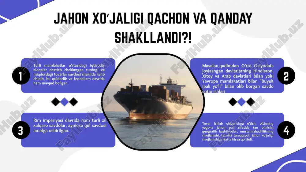 mamlakatlar hozirgi zamon murakkab mehnat kooperatsiyasiga xos boʻlgan xoʻjalik oʻzaro aloqalarining juda katta tarmogʻiga kirishib ketganlar. eng mukammal texnika vositalarini yaratishda turli mamlakatlardan etkazib beriluvchi butlovchi qismlardan foydalaniladi. 3-yoʻnalish xoʻjalikni tashkil etishning butunlay yangi shakllarining paydo boʻlishi va rivojlanishi. jahon xoʻjalik munosabatlarining rivojlanishi yangi xoʻjalik yuritish shakllarining shakllanishi bilan uzviy bogʻliq. jumladan, yangi xoʻjalik yuritish shakllarining quyidagi jihatlarini ajratib koʻrsatish mumkin: a) iqtisodiyotning intellektuallashuvi; b) axborot texnologiyalarining (internet) ahamiyati ortishi; v) insoniyatning ochiq axborotlar rivojlangan jamiyat tomon intilishi; g) internet orqali savdo tizimining keng rivojla nishi. xalqaro iqtisodiy tashkilotlarning tartibga soluvchi roli rivojlanadi. jahon xo‘jaligi subyektlarining o‘zaro aloqasi hamda o‘zaro bog‘liqlikning kengayishi va kuchayishi global muammolarni hal etishda tobora ko‘proq davlatlarning ishtirok etishini taqozo etadi. bunga jahon moliyaviy-iqtisodiy inqirozidan chiqish va uning salbiy ta’sirini kamaytirish maqsadida 20 ta rivojlangan mamlakatlar ishtirokida o‘tkazilgan sammitlarni misol qilib keltirish mumkin. 4-yoʻnalish globallashuv ziddiyatlari turli mamlakatlardagi iqtisodiy rivojlanishning bir tekisda bormasligi 1 2 3 …