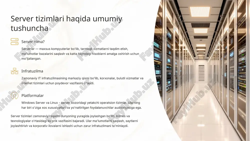 tforma ham o'z boshqaruv yondashuvlari bilan ajralib turadi. windows server foydalanuvchiga qulay interfeysga ega bo'lsa, linux buyruq qatori orqali kuchliroq va moslashuvchan boshqaruv imkoniyatlarini taqdim etadi. 6 xavfsizlik va yangilanishlar umumiy himoya har ikkala platforma ham yaxshi himoya mexanizmlariga ega ochiq va yopiq kod linux kodi ko'plab ko'zlar tomonidan tekshiriladi zaifliklarni tuzatish linux zaifliklarni tezroq bartaraf etadi yangilanishlar jarayoni windows yangilanishlari ko'pincha tizimni qayta ishga tushirishni talab qiladi linux serverlari ochiq manba ekotizimiga asoslanganligi tufayli xavfsizlik zaifliklarini tezroq aniqlash va bartaraf etish imkoniyatiga ega. windows server esa muntazam yangilanishlar va professional texnik yordam orqali himoyalanadi, lekin viruslar va malware hujumlariga ko'proq duch keladi. xavfsizlik nuqtai nazaridan, linux ko'pincha afzalroq ko'rilsa-da, windows'ning korporativ darajadagi qo'llab-quvvatlashi ham katta ahamiyatga ega bo'lishi mumkin. 7 moslik va dasturiy ta'minot qo'llab-quvvatlashi 1 linux server lamp (linux, apache, mysql/mariadb, php/python/perl) steki, veb-saytlar va ma'lumotlar bazalari uchun keng qo'llaniladi. docker va konteynerlashtirish texnologiyalari uchun ideal platforma. 2 …