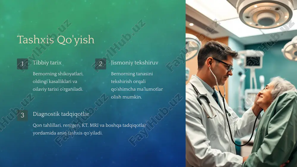 g shaxsiy ma'lumotlari: f.i.o. yoshi jinsi manzili kasallikning hozirgi holati asosiy shikoyatlar: bemorning kelgan vaqtidagi asosiy shikoyatlari, masalan, og'riq, diskomfort, qusish, ishtahasizlik va hokazolar.kasallik rivojlanish tarixi: kasallikning qachon va qanday boshlangani, simptomlarning rivojlanishi, bemorning qanday davolanish usullarini qo'llagani va ularning ta'siri haqida ma'lumot. bemorning hayot tarixi va odatlari: surunkali kasalliklar, allergik reaksiyalar, o'tkazgan operatsiyalar, oilaviy anamnez. ob'ektiv tekshirish umumiy holati: umumiy ko'rinishi, terining rangi, tana harorati, nafas olish holati, yurak urish tezligi, arterial bosim, nafas olish chastotasi.maxsus ko'rik natijalari: bemorning shikoyatiga mos holda, qorin bo'shlig'i yoki zararlangan sohani palpatsiya qilish, perkussiya va auskultatsiya natijalari. maxsus ko'rik natijalari: bemorning shikoyatiga mos holda, qorin bo'shlig'i yoki zararlangan sohani palpatsiya qilish, perkussiya va auskultatsiya natijalari. 1 2 3 laborator va instrumental tekshiruvlar qon tahlillari: umumiy qon tahlili, biokimyoviy tahlillar, qondagi shakar darajasi.peshob tahlillari: umumiy peshob tahlili, zaruratga qarab boshqa maxsus tahlillar.instrumental tekshiruvlar: ultratovush, rentgen, kompyuter tomografiyasi yoki mrt, endoskopiya va boshqa kerakli tekshiruv …