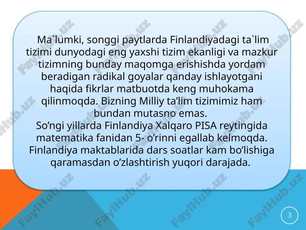 ablar mavjud davlat maktabi xususiy boshlang’ich maktab xususiy o’rta maktab aqshda ta’lim tizimining tuzilishi maktabgacha tarbiya muassasalari (3 yoshdan 5 yoshgacha) boshlang’ich maktablar 1-8- sinflargacha ( 6 yoshdan 13 yoshgacha) o’rta maktablar 9-12-sinflargacha (14-17 yoshgacha) bo’lgan bolalar ta’lim oladilar). u quyi va yuqori bosqichdan iborat. oliy ta’lim 2 yoki 4 yil o’qitiladigan kollejlar xamda dorilfununlar va boshqa oliy o’quv yurtlari tarkibida tashkil etilgan aspirantura yoki doktoranturalardir. o’quvchilarga 4 yo’nalishda hunar berib boradilar: 1. qishloq xo’jalik kasblari ta’limi; biznes ta’limi savdo va sanoat ta’limi qurilish ta’limi oliy ta’lim 4 asosiy bosqichda amalga oshiriladi 1-kichik mutaxassis -2 yillik kollejda amalga oshiriladi; 2-bakalavr 4 yillik kollejlarda- 4 yillik dorilfunini tugatgan; 3-bosqich 1-2 yillik magistr maktabi; 4-bosqich aspirantura, doktorantura. 12 13 yaponiya ta’lim tizimi yaponiya zamonaviy ta’lim tizimining tarixi quyidagi 5ta davrga bo‘linadi: asos solingan davr. 1867-1885 yillarni qamrab oladi. 2. birlashuv (konsolidatsiya) davri. 1886-1916 yillarni o‘z ichiga oladi. 3. tarqalish (ekspansiya) davri. 1917-1936 …