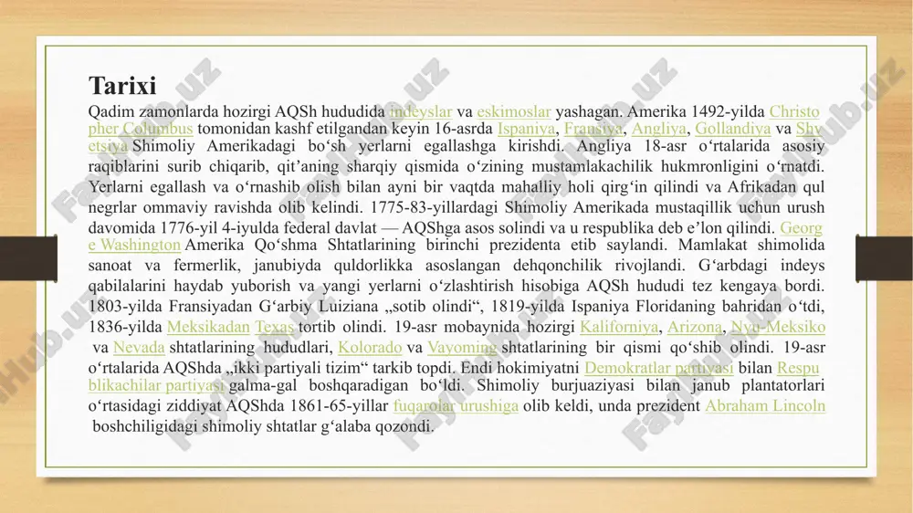 ederativ respublikadir. bundan tashqari, jahonning mavjud eng qadimgi federatsiyasi hisoblanadi. 2021-yilda aqsh demokratiya indeksida 26-oʻrinni egalladi. aqshning amaldagi konstitutsiyasi 1787-yilda qabul qilingan. davlat va hukumat boshligʻi, qurolli kuchlar bosh qoʻmondoni — prezident, uning vakolatlari juda katta. vitse-prezident bilan birga bavosita, ikki bosqichli saylov yoʻli bilan (saylovchilar hayʼati orqali) 4 yil muddatga saylanadi. qonun chiqaruvchi hokimiyatni senat va vakillar palatasidan iborat ikki palatali kongress amalga oshiradi. senatda 100 senator bor (ular 6 yil muddatga, har shtatdan 2 tadan saylanadi va 1/3 qismi har 2 yilda yangilab turiladi). davlat tuzumi vakillar palatasiga 435 deputat 2 yilga saylanadi. ijrochi hokimiyat organi — aqsh hukumati prezident tomonidan senatning roziligi bilan tayinlanadi; 13 vazirdan iborat boʻladi. hukumat kongress oldida masʼul emas. har bir shtatning oʻz konstitutsiyasi bor. shtatdagi qonun chiqaruvchi hokimiyatni qonun chiqaruvchi majlis, ijrochi hokimiyatni esa gubernator amalga oshiradi. aqsh davlatining konstitutsiyaviy tizimiga uch siyosiy-huquqiy qoida asos qilib olingan, bu qoidalar — hokimiyatning boʻlinishi, …