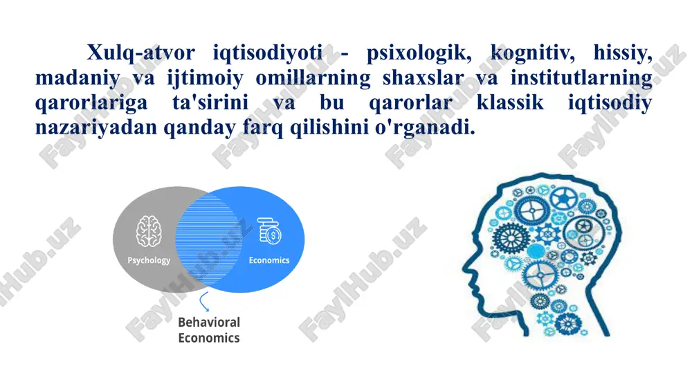 uchun biroz kuch sarflashimiz kerak. richard taler 2. iqtisodiyot va iqtisodiy xulq-atvor tushunchalarining nisbati xulq-atvor iqtisodiyoti, birinchi navbatda, iqtisodiy agentlarning ratsionallik chegaralari bilan bog‘liq. xulq-atvor modellari odatda psixologiya, nevrologiya va mikroiqtisodiy nazariya tushunchalarini birlashtiradi. xulq-atvor iqtisodiyotini o'rganish bozor qarorlari qanday qabul qilinishini va jamoatchilikni harakatga keltiradigan mexanizmlarni o‘z ichiga oladi. xulq-atvor iqtisodiyoti, keng miqyosda, psixologiya va iqtisod kabi ko‘plab sohalarni birlashtiradi. xulq-atvor iqtisodiyoti har qanday yo‘l bilan iqtisodiyotning tushuntirish kuchini oshiradi, chunki u uni mustahkam va oqilona psixologik asos bilan ta’minlaydi. o‘tgan 20 yil davomida ko‘plab tadqiqotlar xulq-atvor iqtisodiyotining turli jihatlarini o'rganib chiqdi, bu esa inson xulq-atvoriga tegishli tegishli tamoyillarni joriy etishga olib keldi. xulq-atvor iqtisodiyotining asosiy sharti iqtisodiyotdagi klassik g‘oyalarga ziddir. an’anaga ko‘ra, iqtisodiyot odamlarning iqtisodiy harakatlar nuqtai nazaridan o‘zini oqilona tutishini, sotib olish, sotish va investitsiyalarni butunlay o‘ylab ko‘rganligini himoya qiladi. xulq-atvor iqtisodiyoti bozorlar faqat ratsional algoritmlarga asoslanib harakatlanmaydi, deb hisoblaydi. 3. xulq-atvor iqtisodiyotining maqsadi, qamrovi va tuzilishi, …